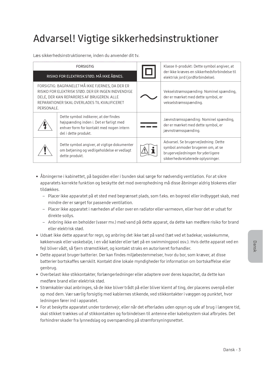 Samsung QE65Q8CNATXXH, QE65Q8CNATXXC manual Læs sikkerhedsinstruktionerne, inden du anvender dit tv 