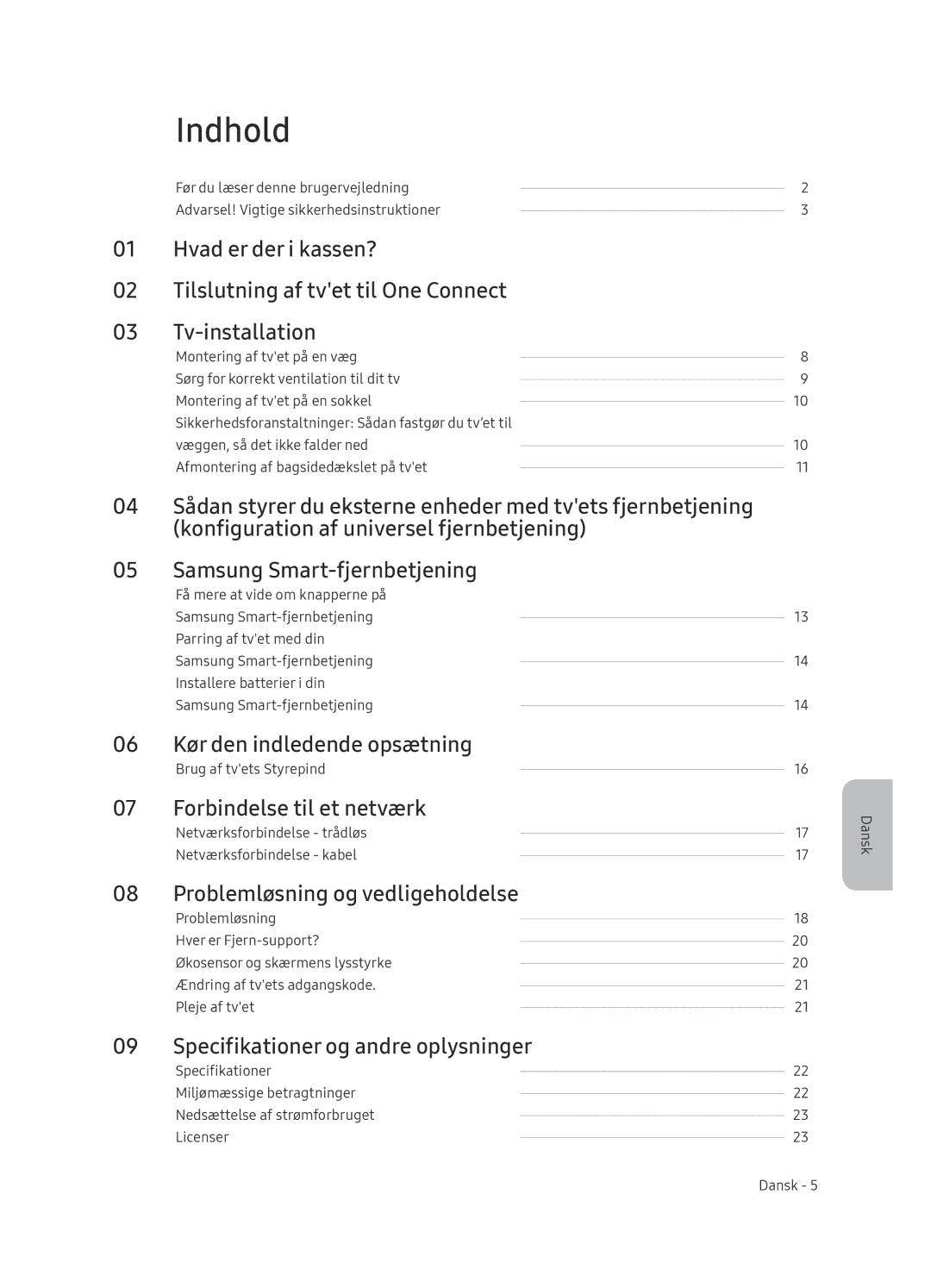 Samsung QE65Q8CNATXXH Indhold, Kør den indledende opsætning, Forbindelse til et netværk, Problemløsning og vedligeholdelse 