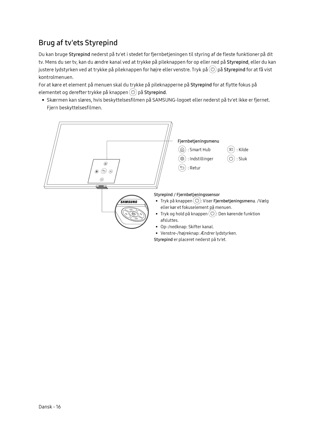 Samsung QE65Q8CNATXXC manual Brug af tvets Styrepind, Fjernbetjeningsmenu Smart Hub, Styrepind / Fjernbetjeningssensor 