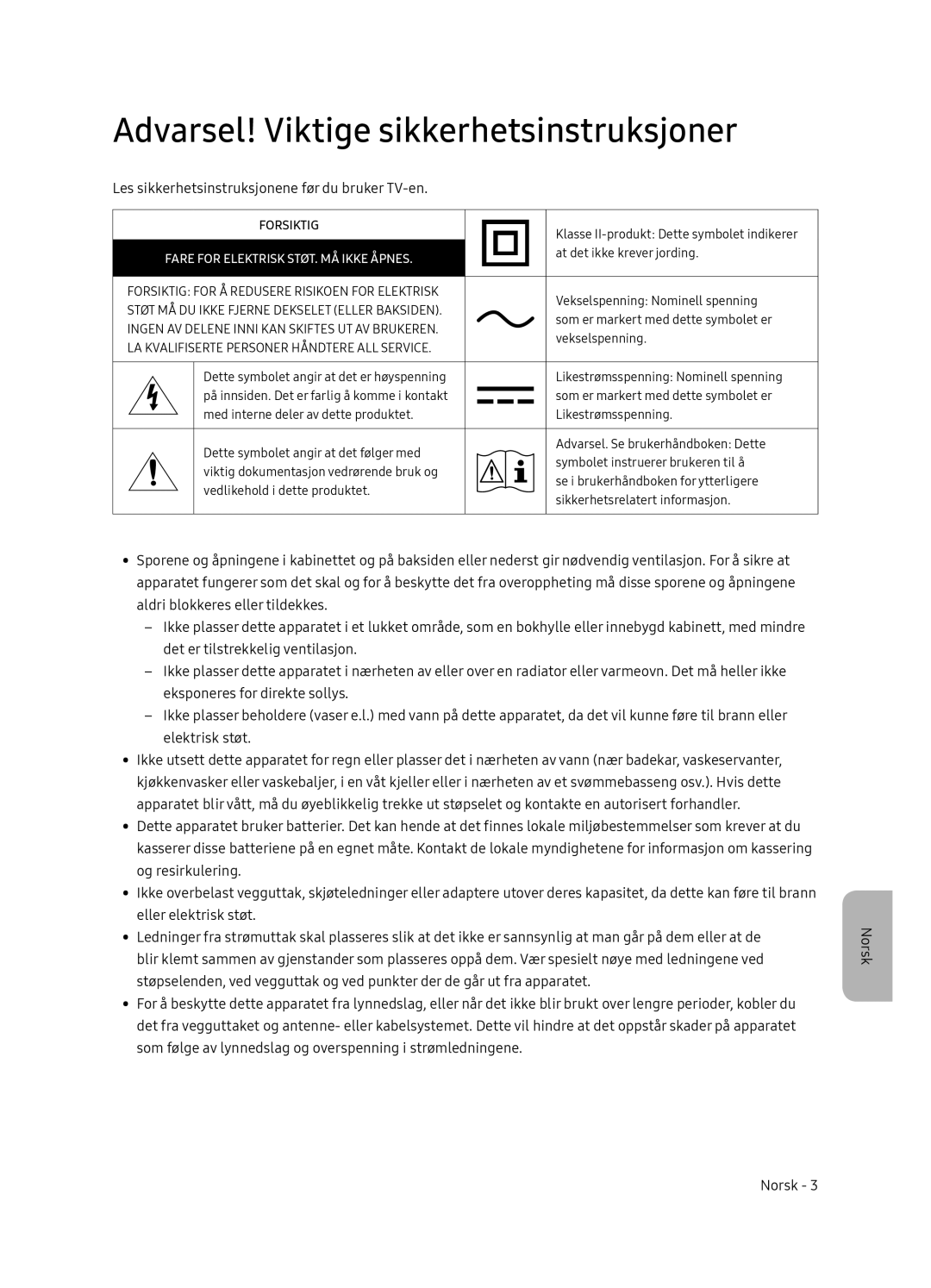 Samsung QE65Q8CNATXXH, QE65Q8CNATXXC manual Les sikkerhetsinstruksjonene før du bruker TV-en 