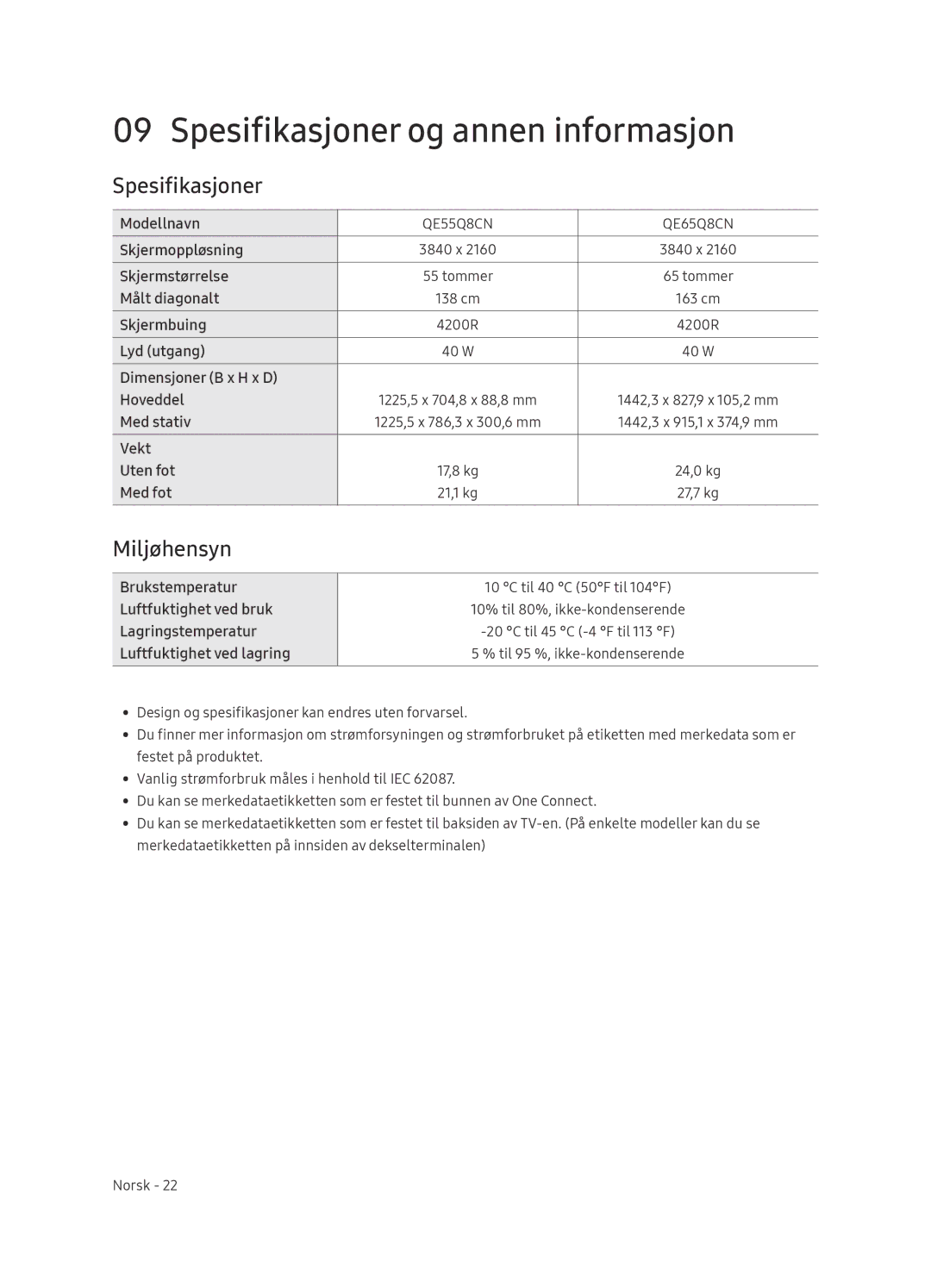 Samsung QE65Q8CNATXXC, QE65Q8CNATXXH manual Spesifikasjoner og annen informasjon, Miljøhensyn 