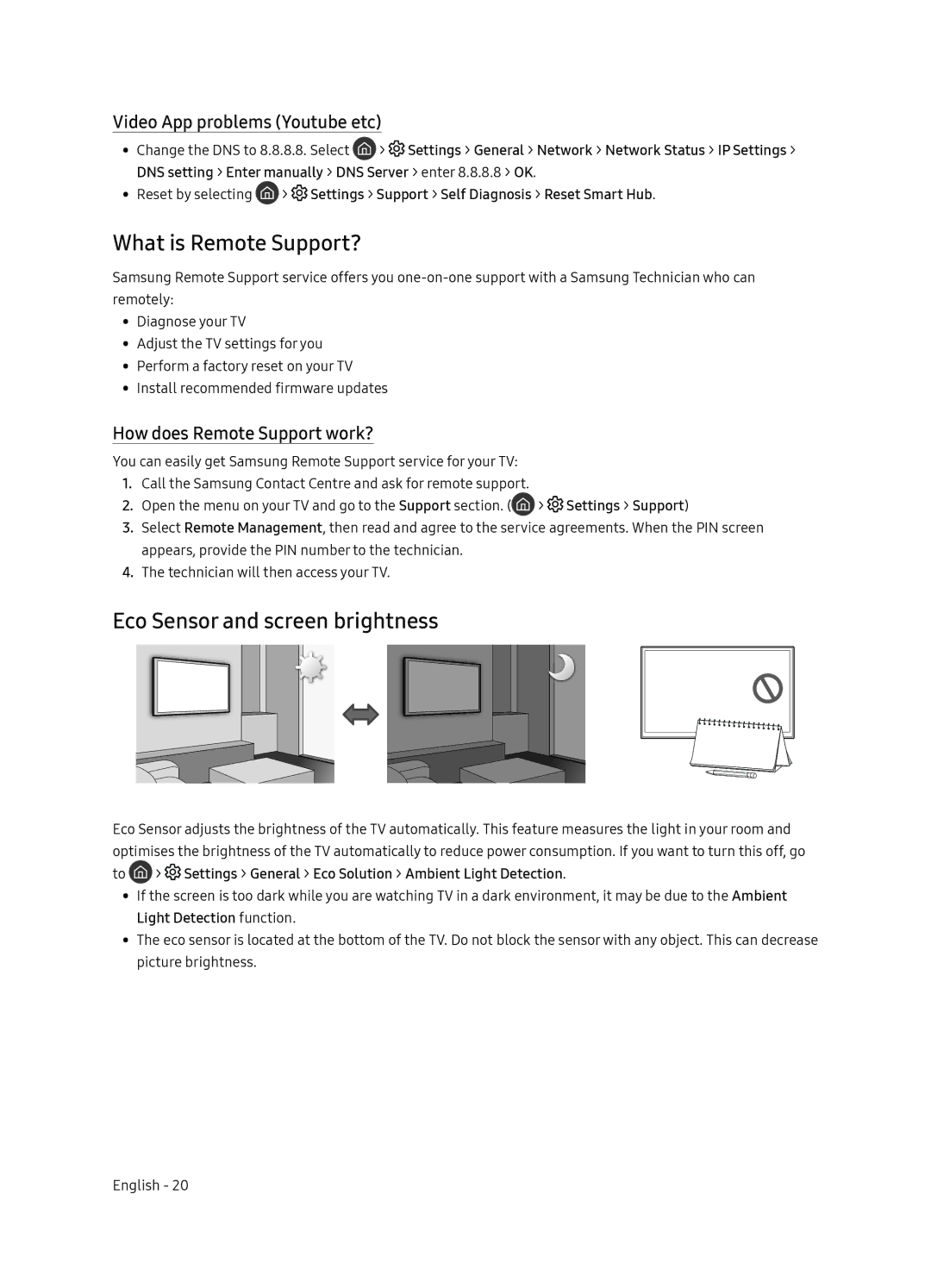 Samsung QE65Q8CNATXXC manual What is Remote Support?, Eco Sensor and screen brightness, Video App problems Youtube etc 