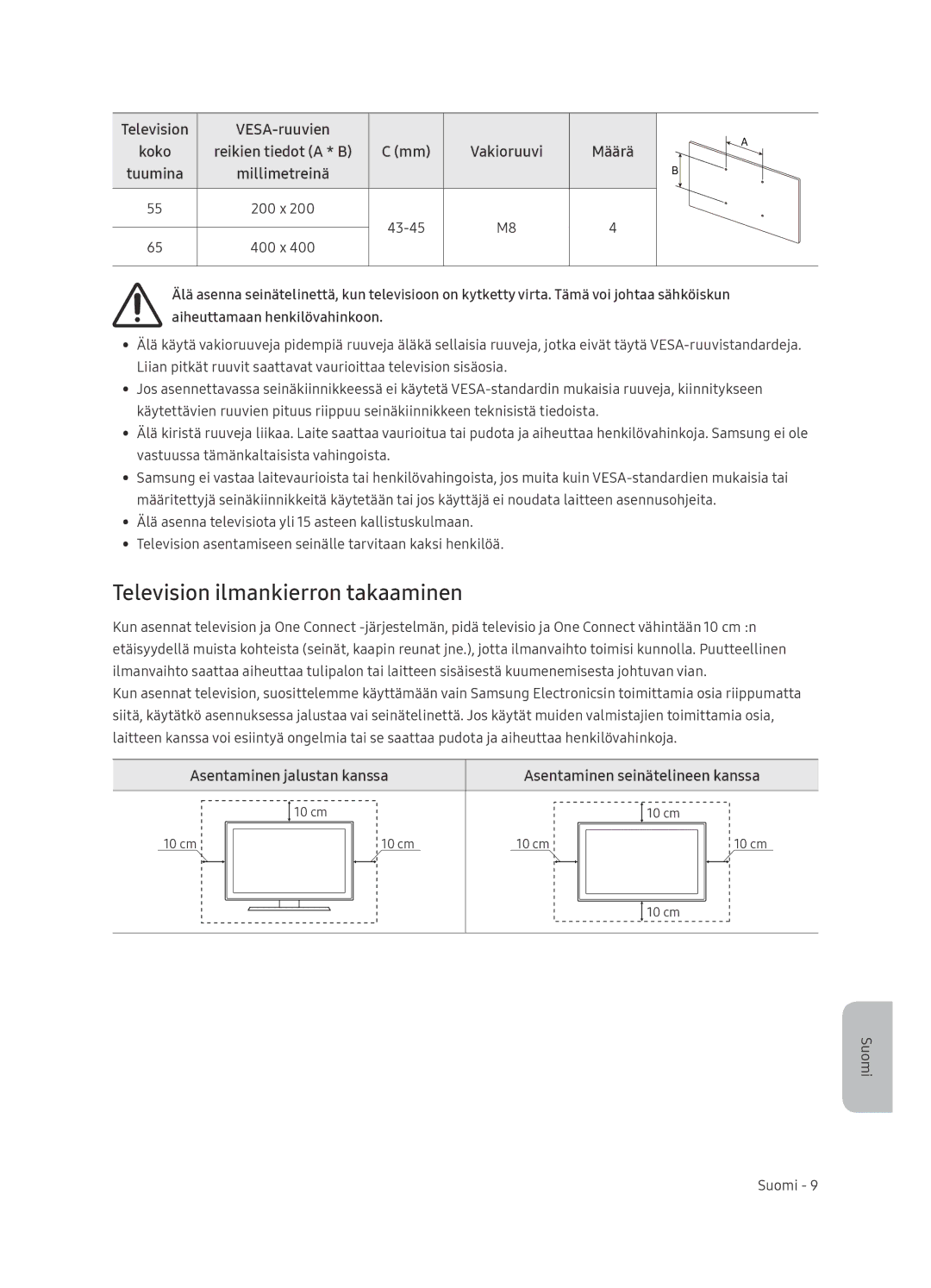 Samsung QE65Q8CNATXXH manual Television ilmankierron takaaminen, Asentaminen jalustan kanssa, Tuumina Millimetreinä 