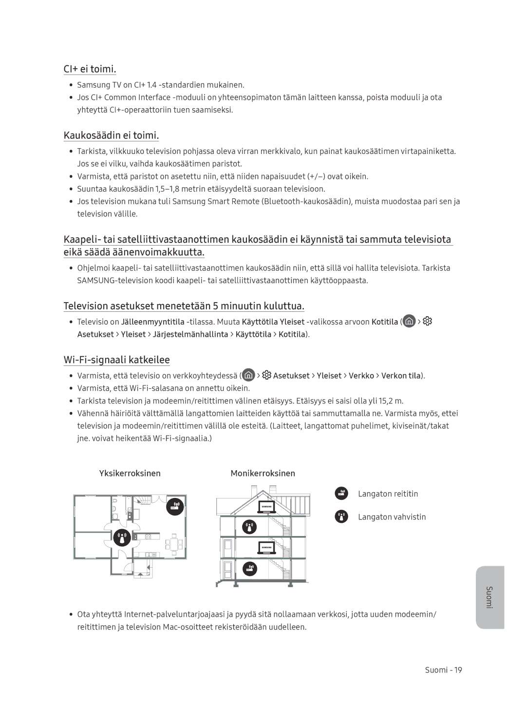 Samsung QE65Q8CNATXXH manual CI+ ei toimi, Kaukosäädin ei toimi, Television asetukset menetetään 5 minuutin kuluttua 