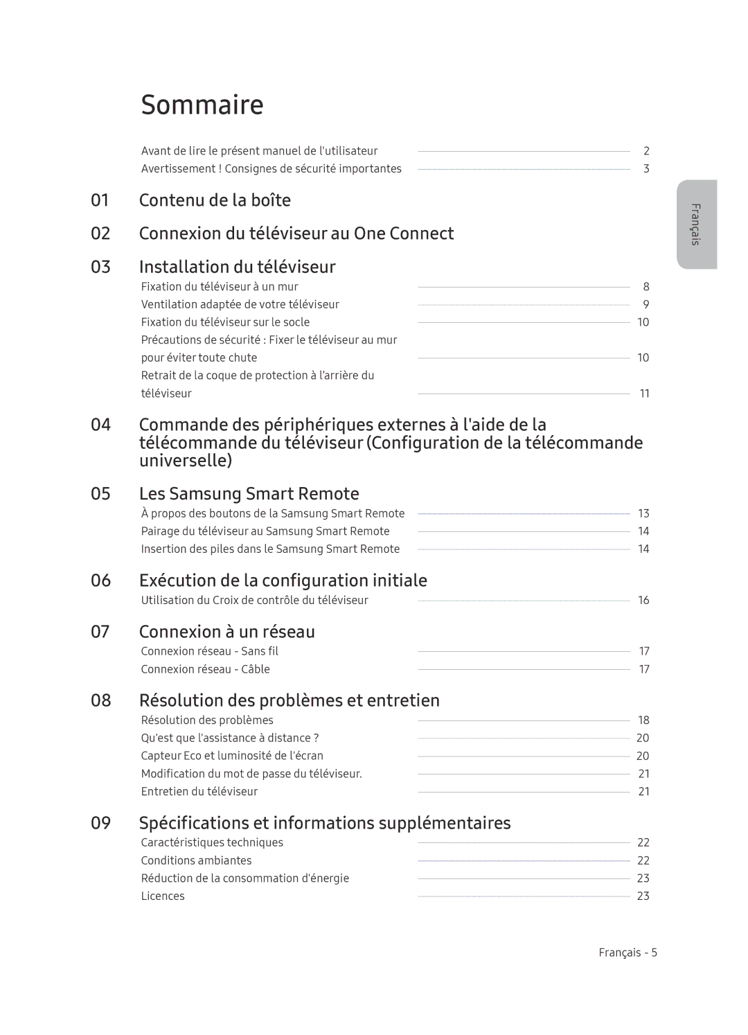 Samsung QE65Q8CNATXXH, QE65Q8CNATXXC manual Sommaire, Exécution de la configuration initiale, Connexion à un réseau 