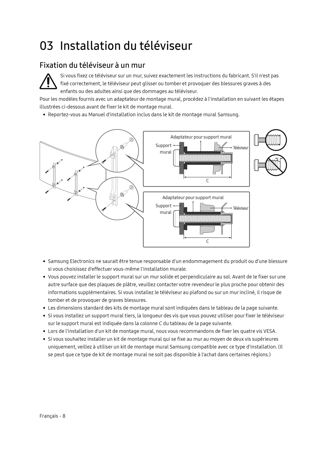 Samsung QE65Q8CNATXXC, QE65Q8CNATXXH manual Installation du téléviseur, Fixation du téléviseur à un mur 