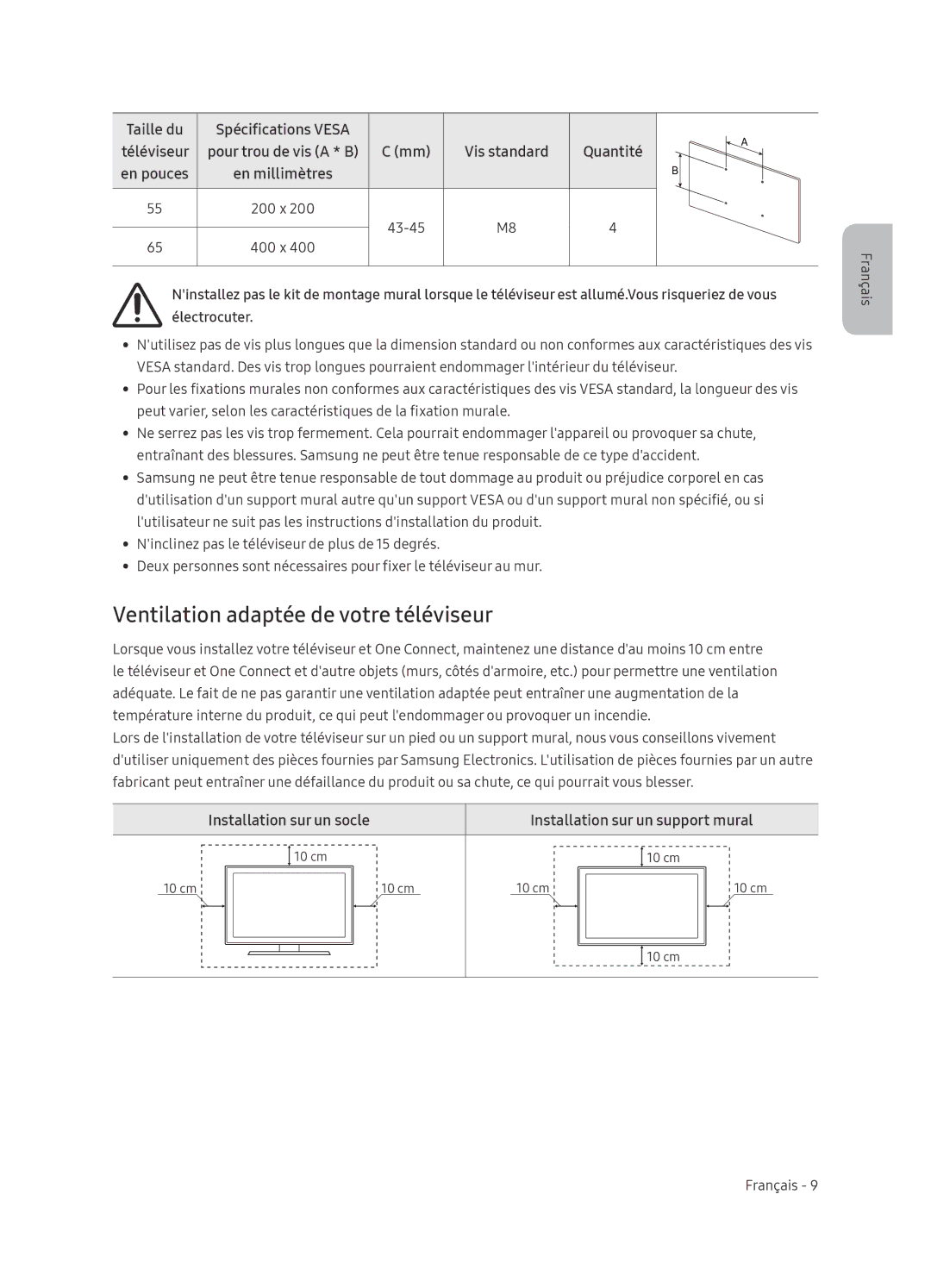 Samsung QE65Q8CNATXXH Ventilation adaptée de votre téléviseur, Installation sur un socle Installation sur un support mural 