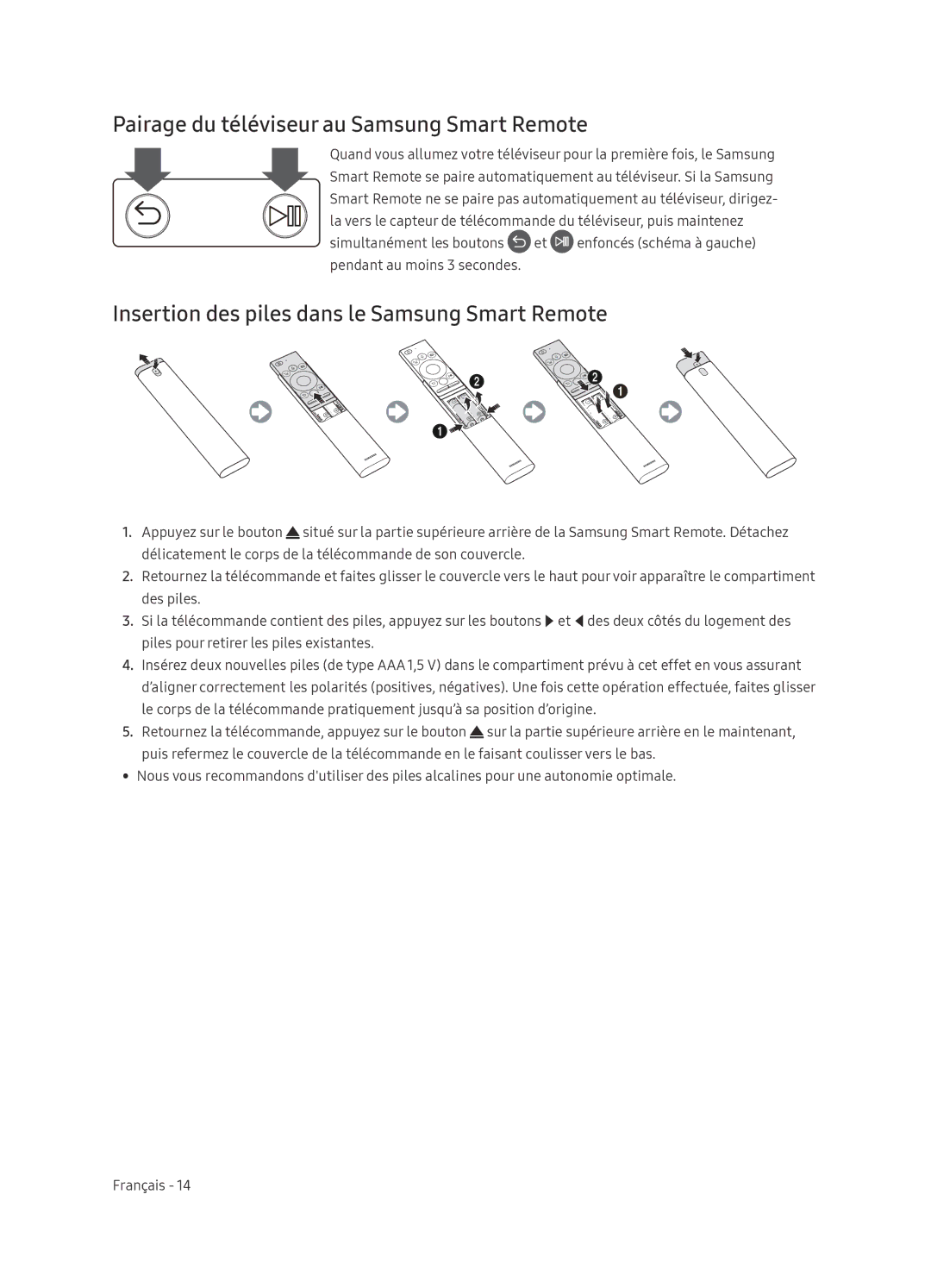 Samsung QE65Q8CNATXXC Pairage du téléviseur au Samsung Smart Remote, Insertion des piles dans le Samsung Smart Remote 