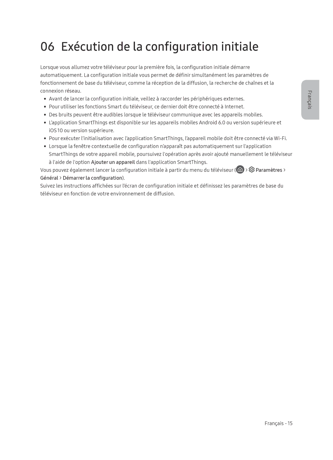 Samsung QE65Q8CNATXXH, QE65Q8CNATXXC manual 06 Exécution de la configuration initiale, Général Démarrer la configuration 