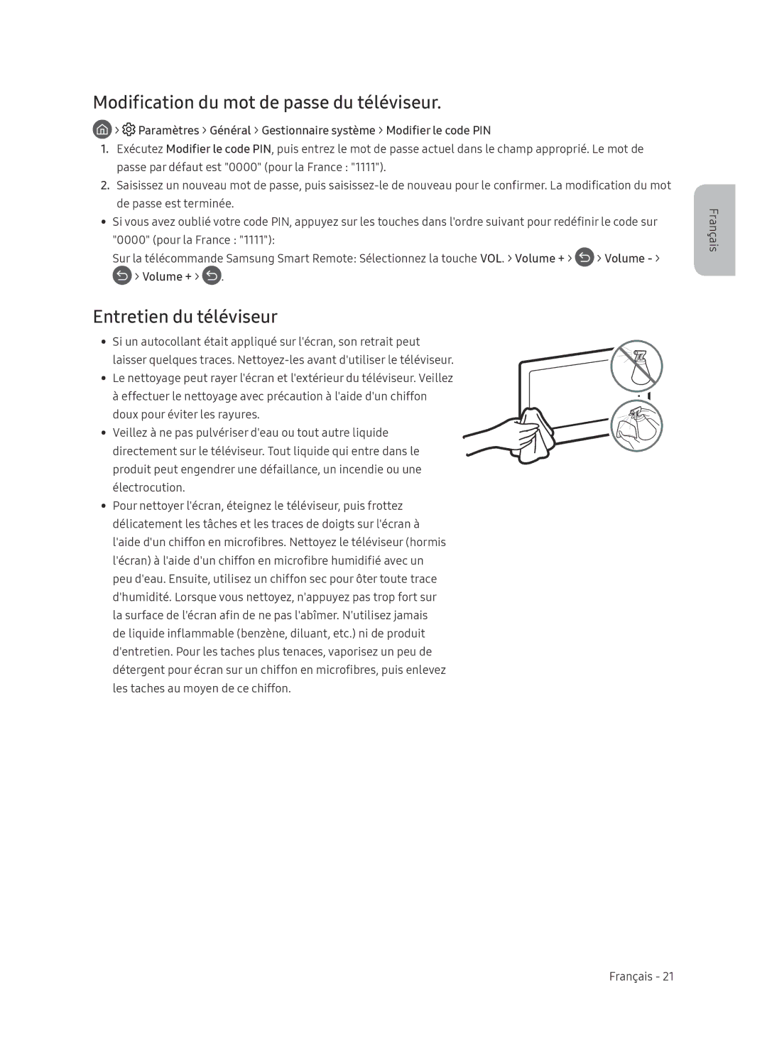 Samsung QE65Q8CNATXXH, QE65Q8CNATXXC manual Modification du mot de passe du téléviseur, Entretien du téléviseur 