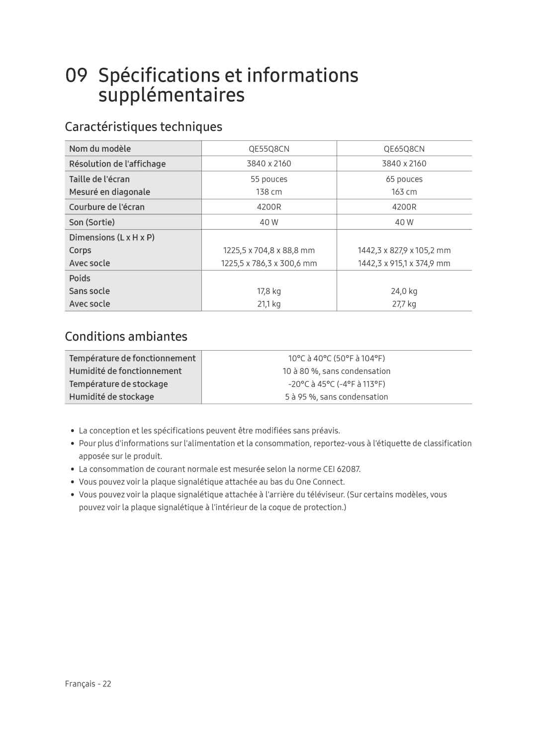 Samsung QE65Q8CNATXXC, QE65Q8CNATXXH manual Caractéristiques techniques, Conditions ambiantes 