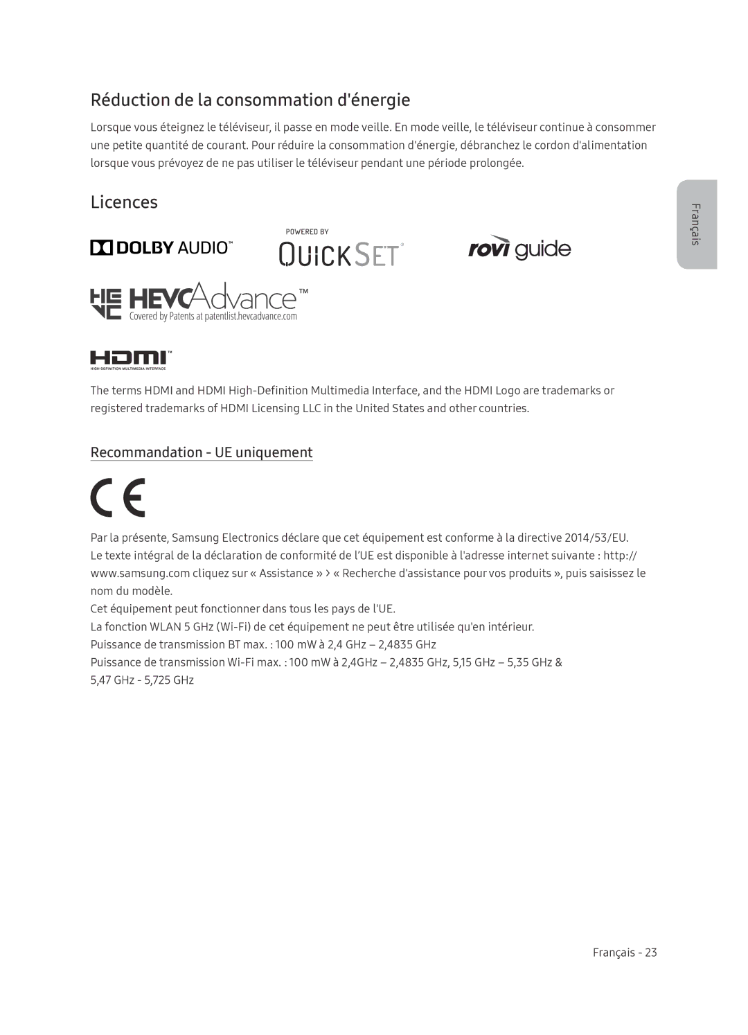 Samsung QE65Q8CNATXXH, QE65Q8CNATXXC manual Réduction de la consommation dénergie, Recommandation UE uniquement 