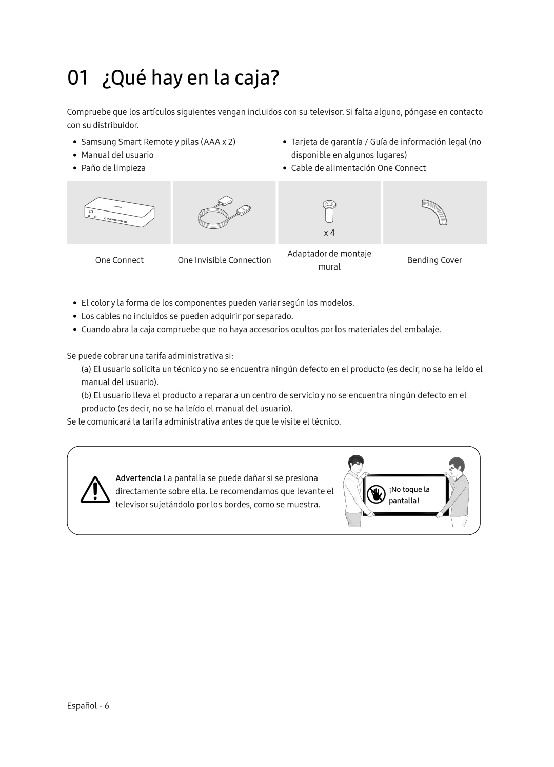 Samsung QE65Q8CNATXXC, QE65Q8CNATXXH manual 01 ¿Qué hay en la caja?, Pantalla 