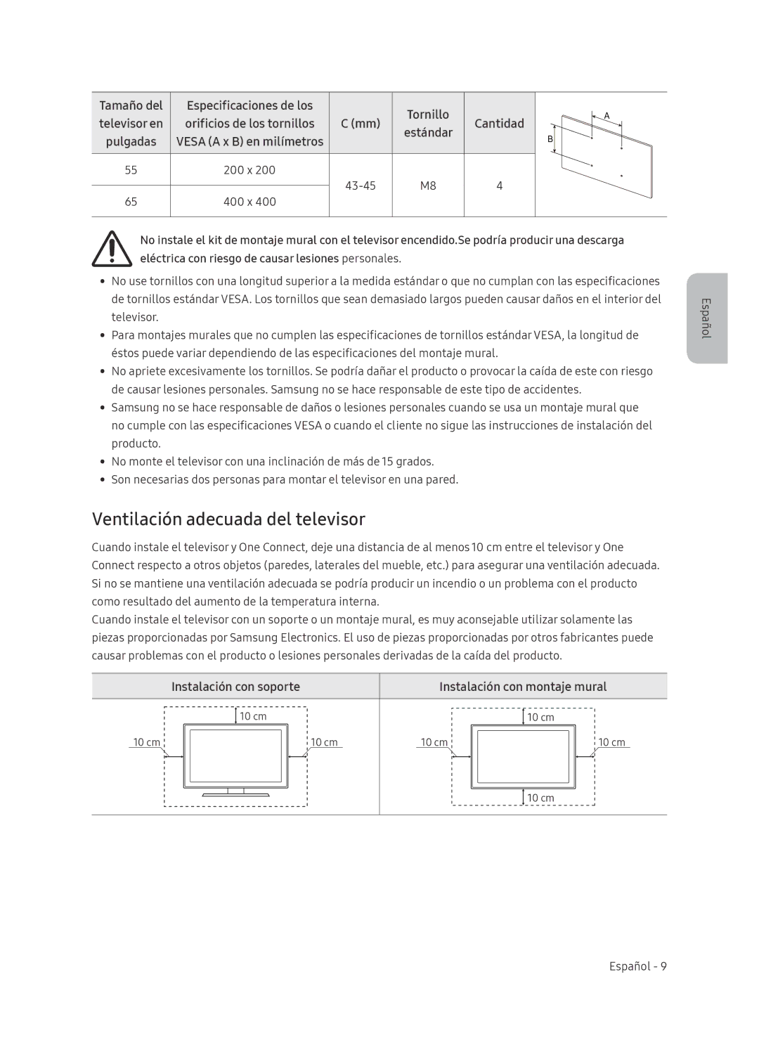 Samsung QE65Q8CNATXXH Ventilación adecuada del televisor, Instalación con soporte Instalación con montaje mural, Cantidad 