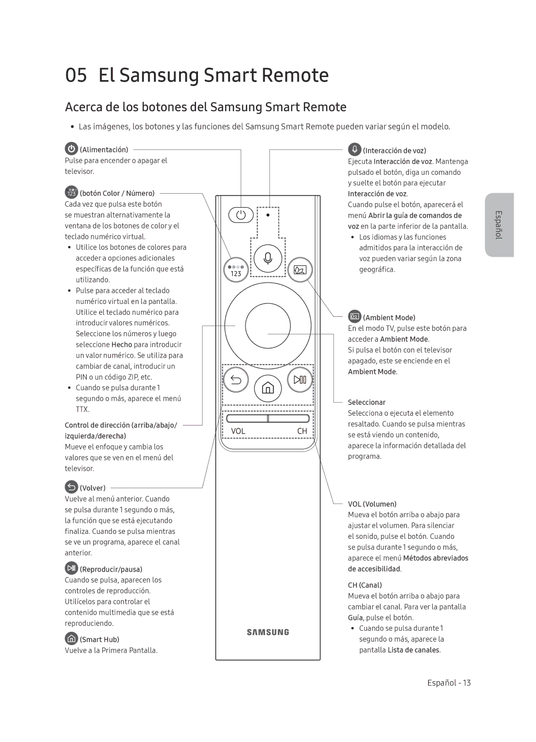 Samsung QE65Q8CNATXXH, QE65Q8CNATXXC manual El Samsung Smart Remote, Acerca de los botones del Samsung Smart Remote 