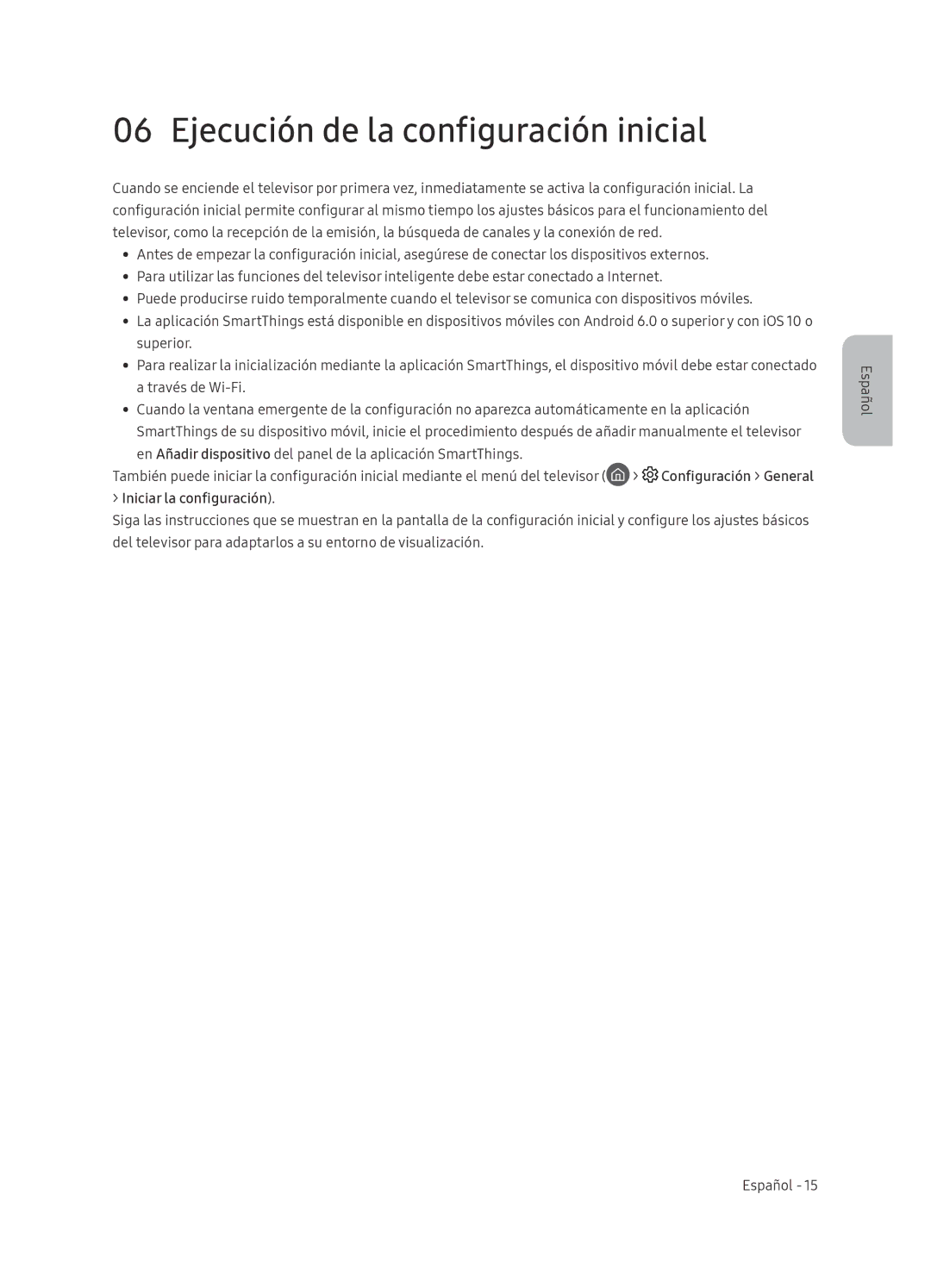 Samsung QE65Q8CNATXXH manual Ejecución de la configuración inicial, Configuración General, Iniciar la configuración 