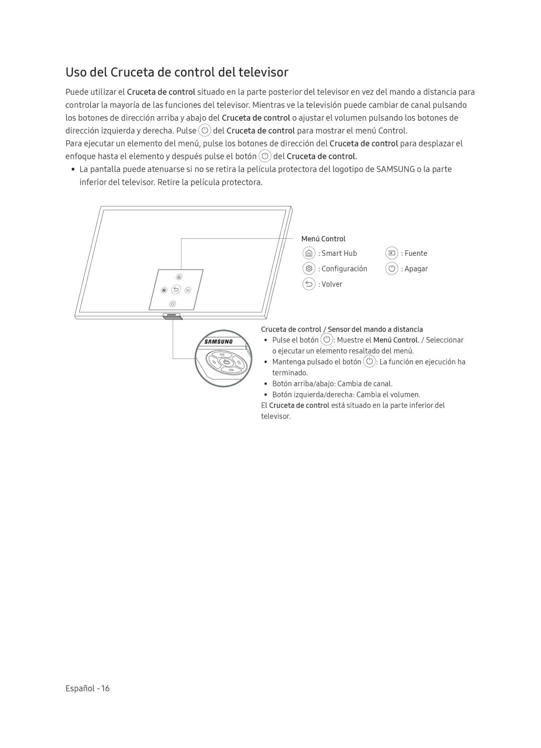 Samsung QE65Q8CNATXXC, QE65Q8CNATXXH manual Uso del Cruceta de control del televisor, Menú Control 