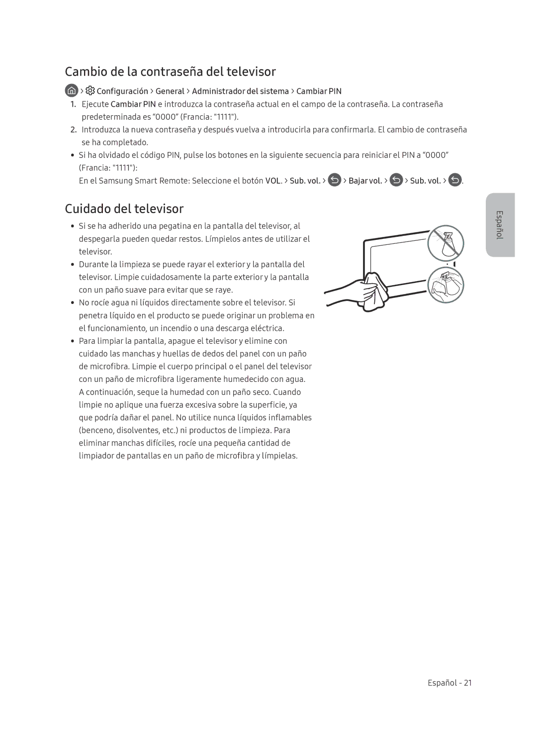 Samsung QE65Q8CNATXXH, QE65Q8CNATXXC manual Cambio de la contraseña del televisor, Cuidado del televisor 