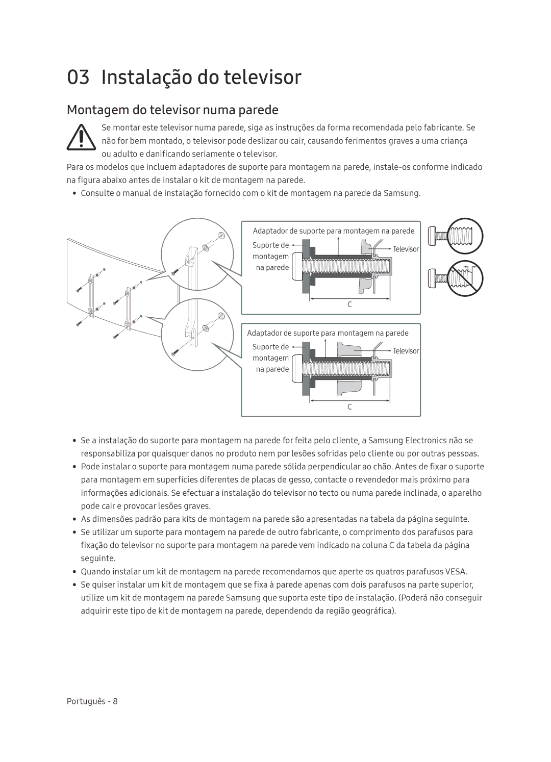 Samsung QE65Q8CNATXXC, QE65Q8CNATXXH manual Instalação do televisor, Montagem do televisor numa parede 