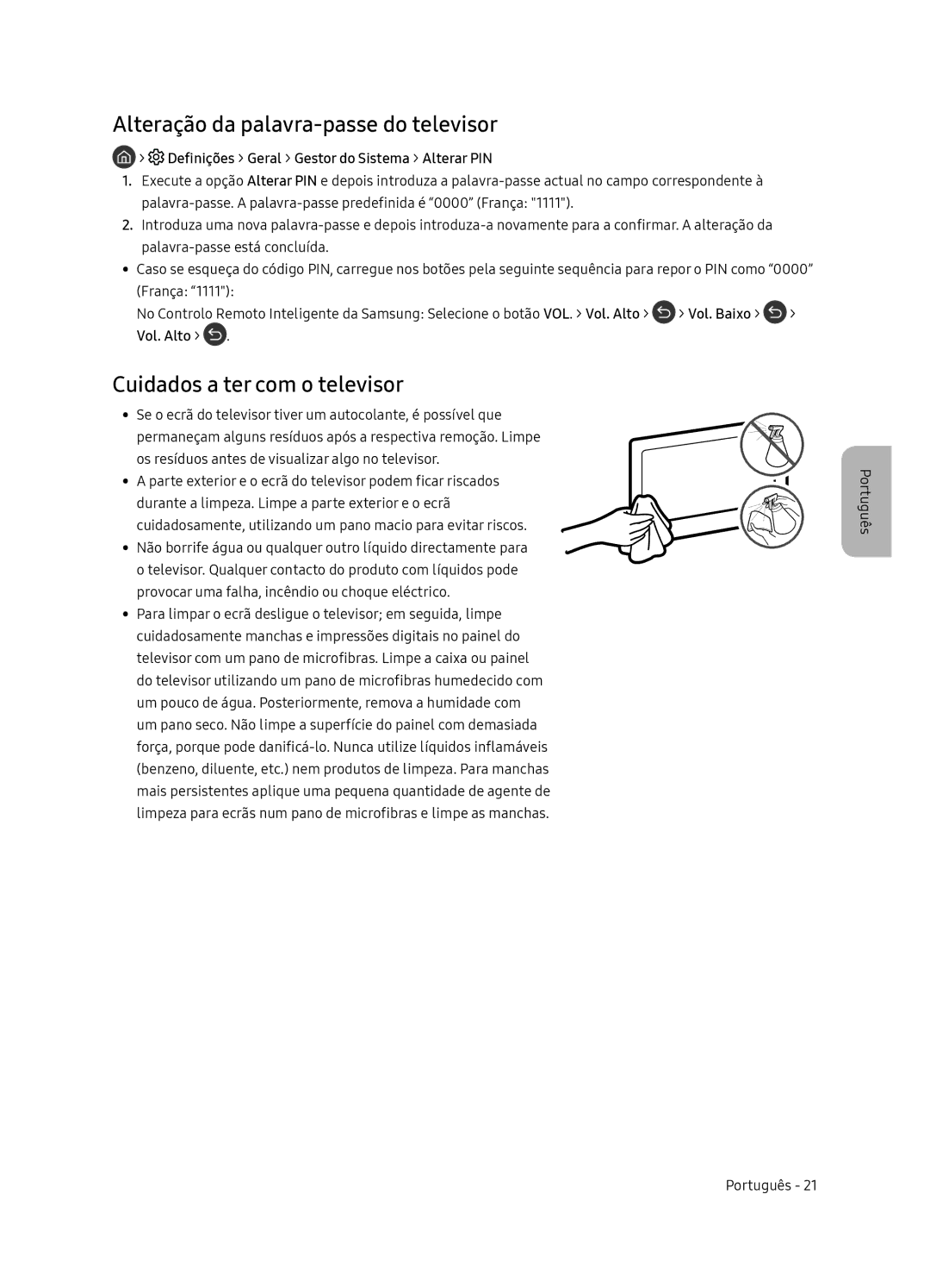 Samsung QE65Q8CNATXXH, QE65Q8CNATXXC manual Alteração da palavra-passe do televisor, Cuidados a ter com o televisor 