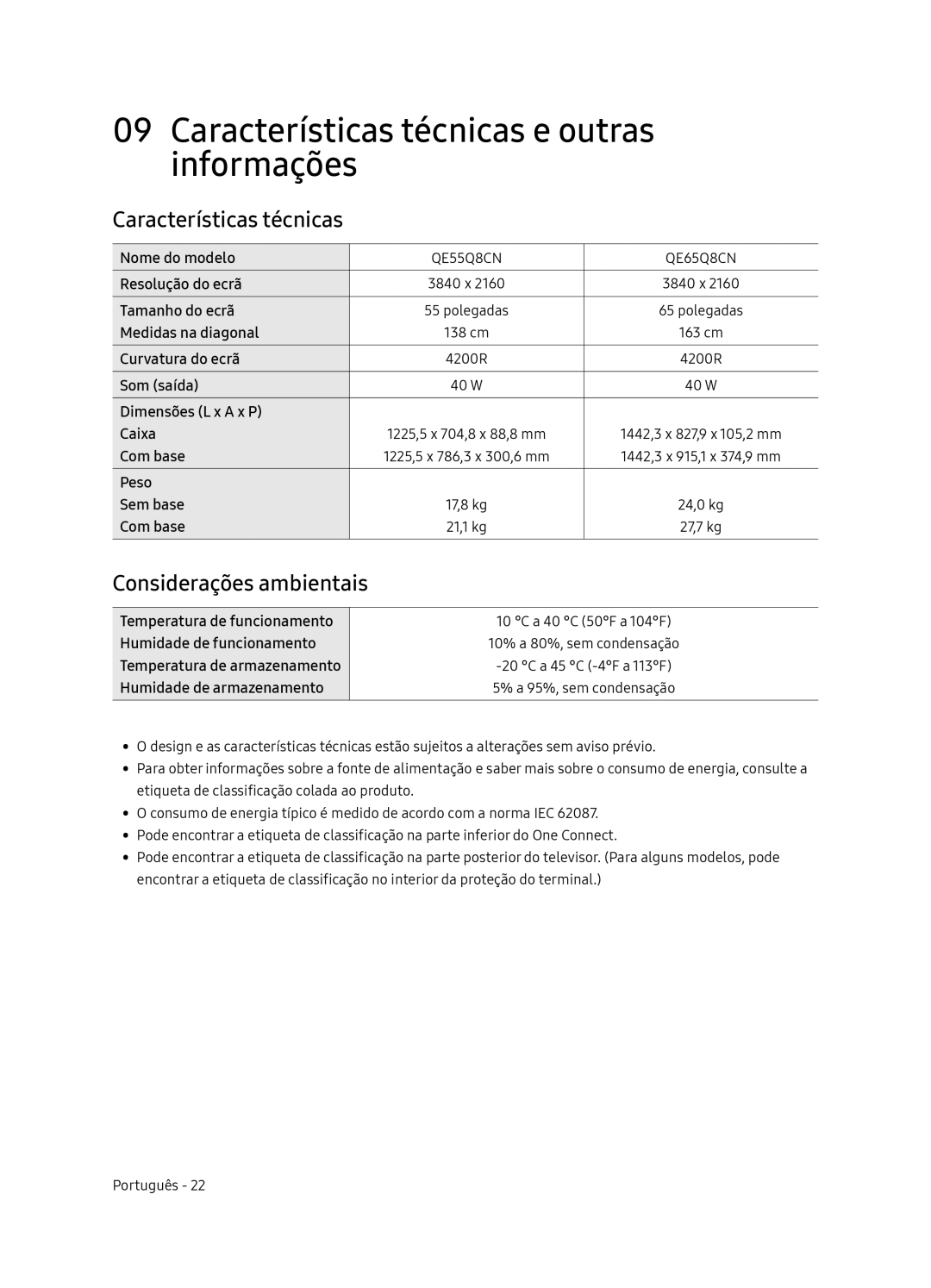 Samsung QE65Q8CNATXXC, QE65Q8CNATXXH manual Características técnicas e outras informações, Considerações ambientais 