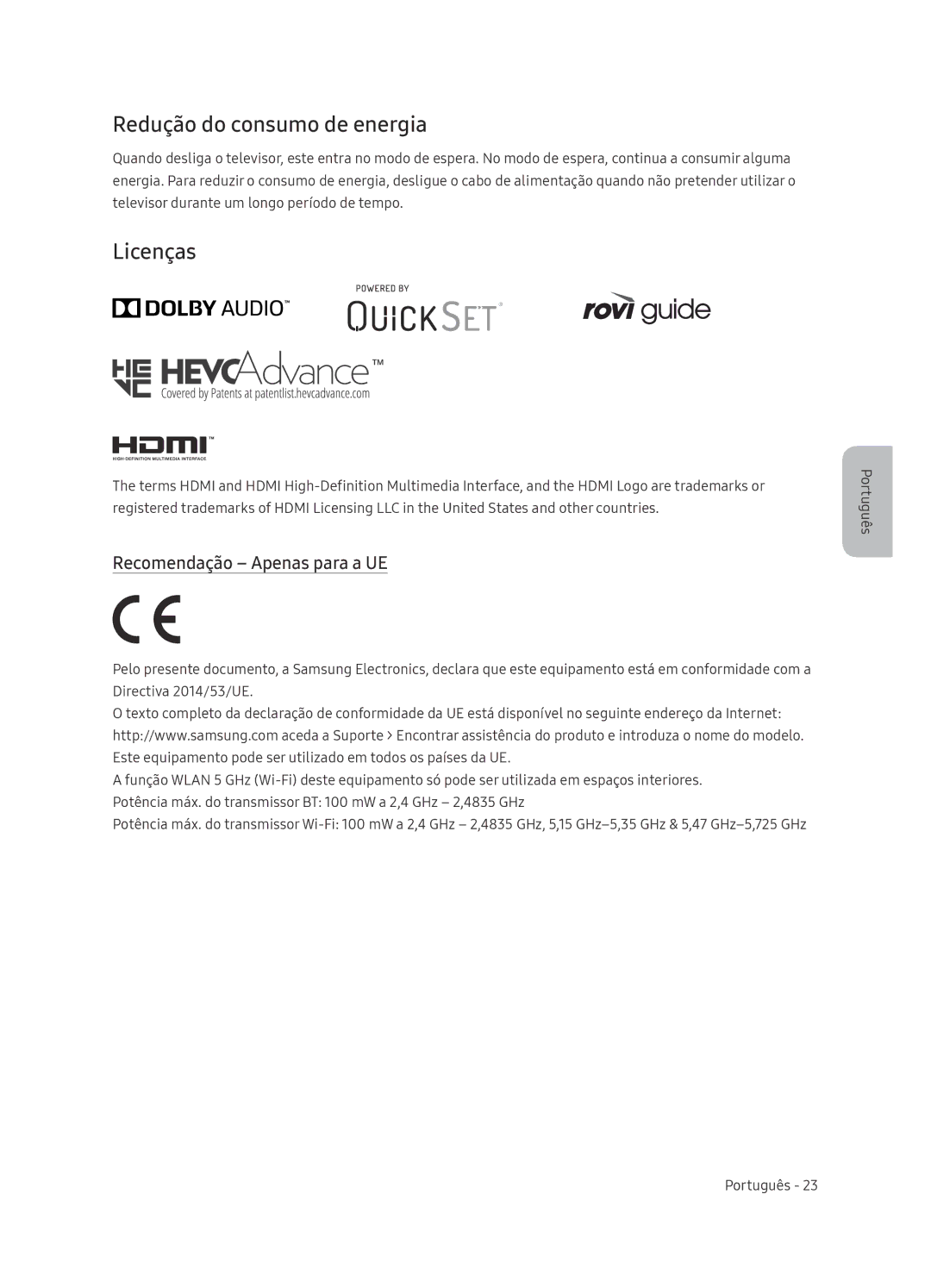 Samsung QE65Q8CNATXXH, QE65Q8CNATXXC manual Redução do consumo de energia, Licenças, Recomendação Apenas para a UE 