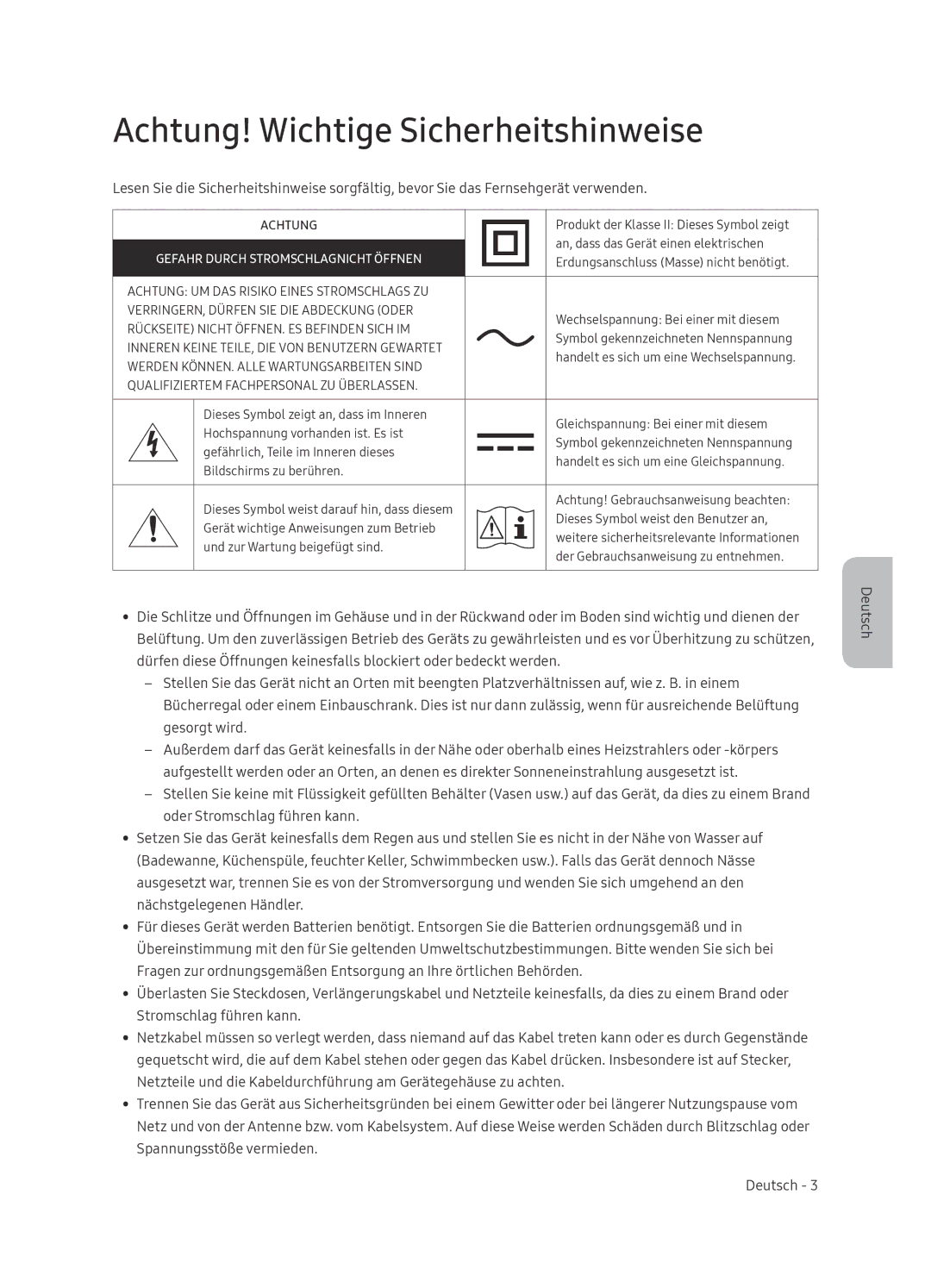 Samsung QE65Q8CNATXXH, QE65Q8CNATXXC manual Achtung! Wichtige Sicherheitshinweise, Gefahr Durch Stromschlagnicht Öffnen 