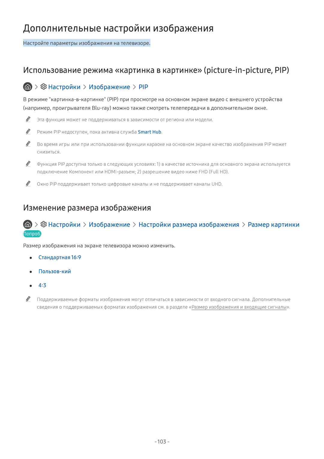 Samsung QE65Q7FNAUXRU Дополнительные настройки изображения, Изменение размера изображения, Настройки Изображение PIP, 103 