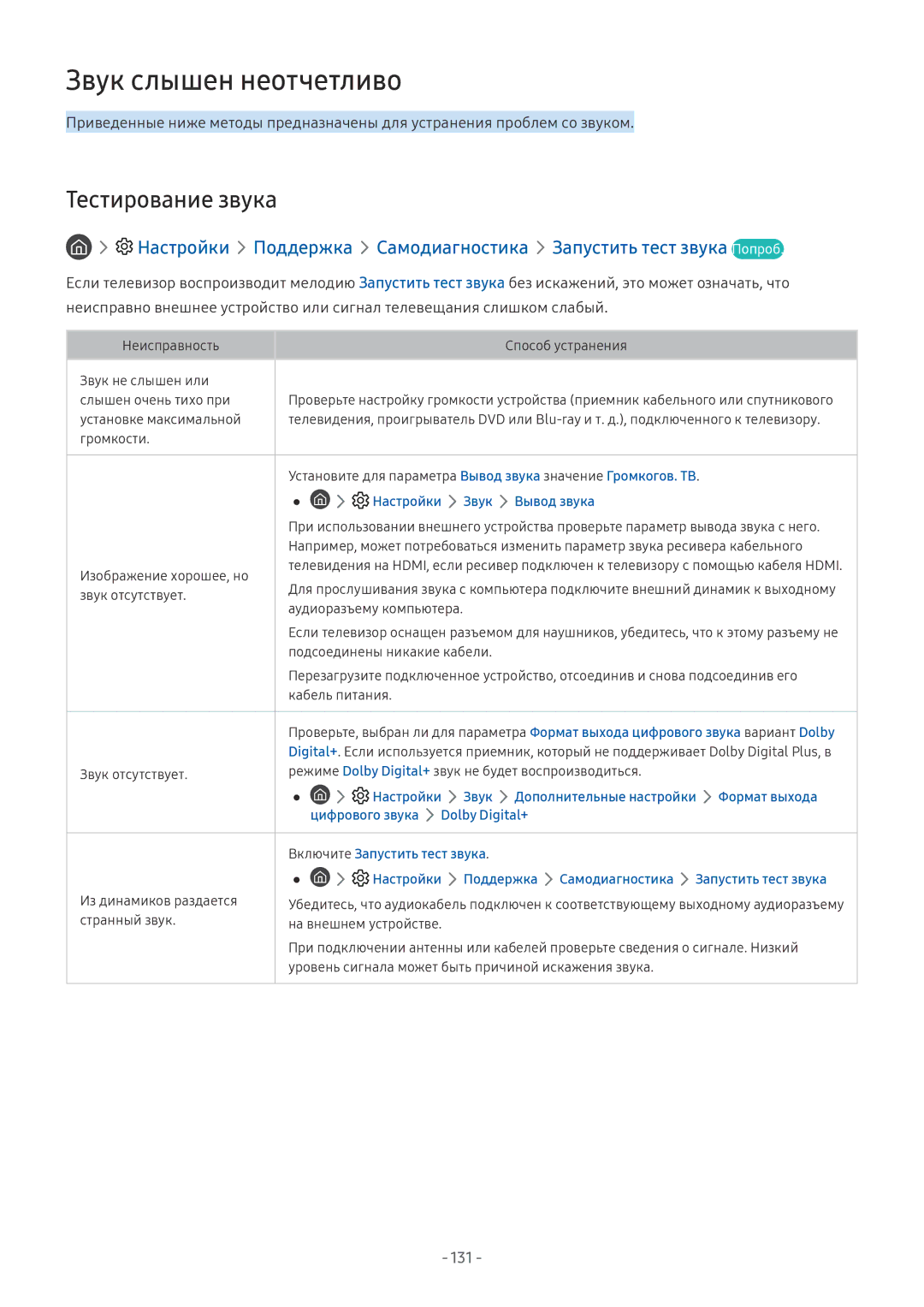 Samsung QE75Q7FNAUXRU, QE65Q8CNATXXH manual Звук слышен неотчетливо, Тестирование звука, 131, Настройки Звук Вывод звука 