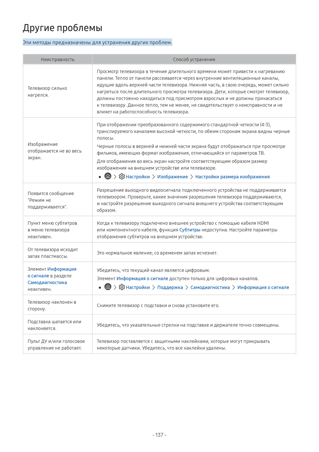 Samsung QE75Q9FNAUXRU, QE65Q8CNATXXH manual Другие проблемы, Эти методы предназначены для устранения других проблем, 137 