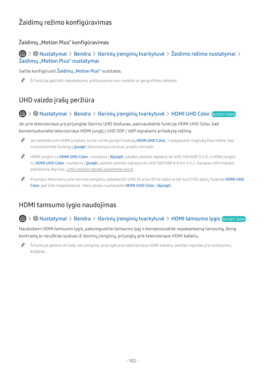 Samsung QE55Q8CNATXXH manual Žaidimų režimo konfigūravimas, UHD vaizdo įrašų peržiūra, Hdmi tamsumo lygio naudojimas, 102 