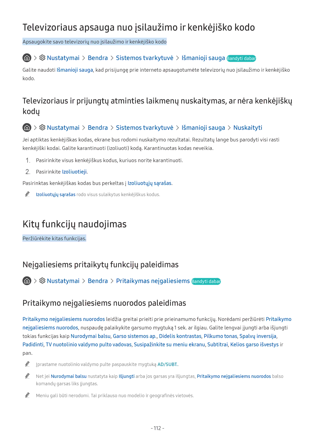 Samsung UE49NU8002TXXH, QE65Q8CNATXXH Televizoriaus apsauga nuo įsilaužimo ir kenkėjiško kodo, Kitų funkcijų naudojimas 