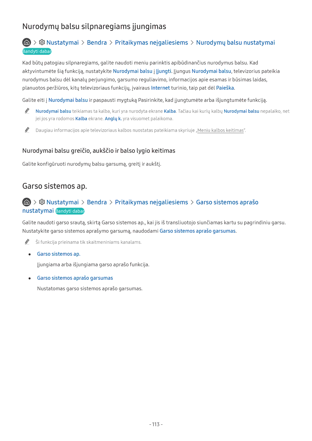 Samsung UE49NU8072TXXH, QE65Q8CNATXXH, UE65NU7402UXXH manual Nurodymų balsu silpnaregiams įjungimas, Garso sistemos ap, 113 