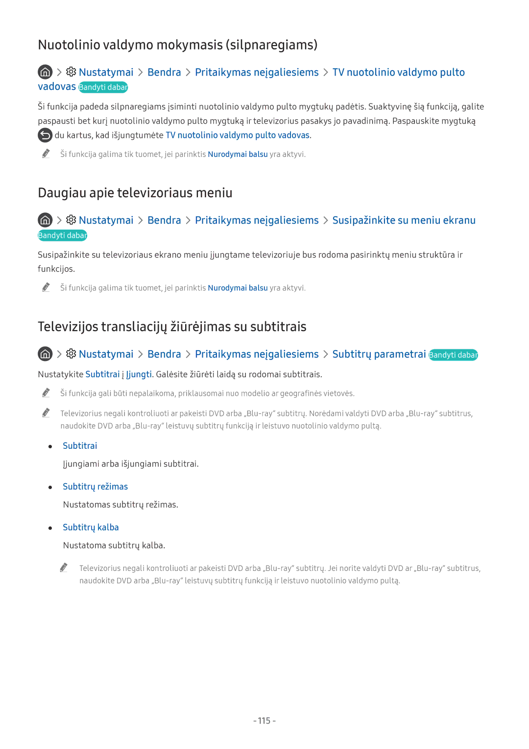Samsung QE55Q7FNATXXH, QE65Q8CNATXXH Nuotolinio valdymo mokymasis silpnaregiams, Daugiau apie televizoriaus meniu, 115 