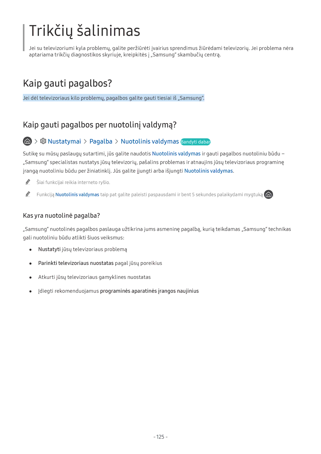 Samsung UE49NU8072TXXH, QE65Q8CNATXXH, UE65NU7402UXXH, QE75Q7FNATXXH manual Kaip gauti pagalbos per nuotolinį valdymą?, 125 