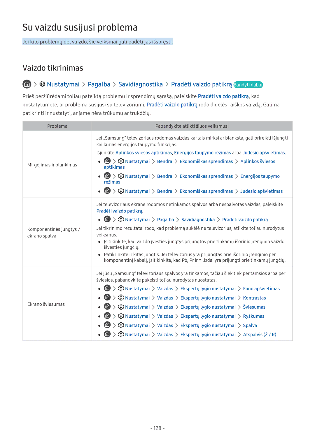 Samsung QE75Q9FNATXXH, QE65Q8CNATXXH, UE65NU7402UXXH, QE75Q7FNATXXH manual Su vaizdu susijusi problema, Vaizdo tikrinimas, 128 