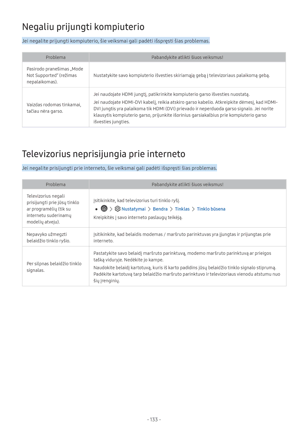 Samsung UE65NU7402UXXH, QE65Q8CNATXXH manual Negaliu prijungti kompiuterio, Televizorius neprisijungia prie interneto, 133 