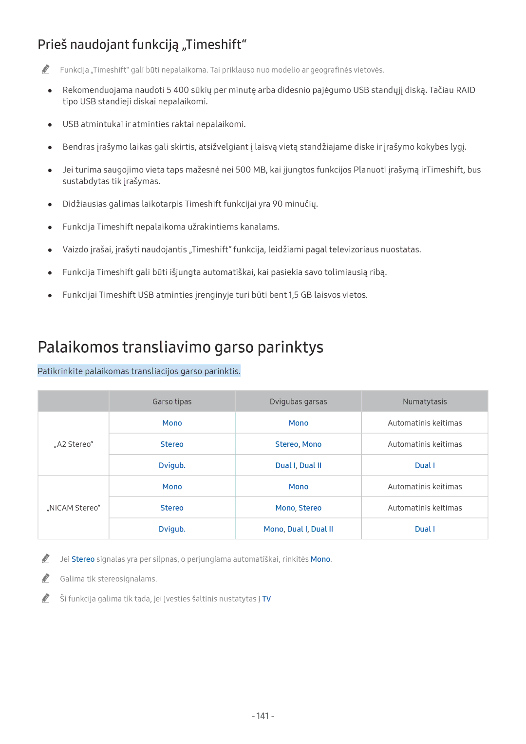 Samsung QE65Q9FNATXXH, QE65Q8CNATXXH Palaikomos transliavimo garso parinktys, Prieš naudojant funkciją „Timeshift, 141 