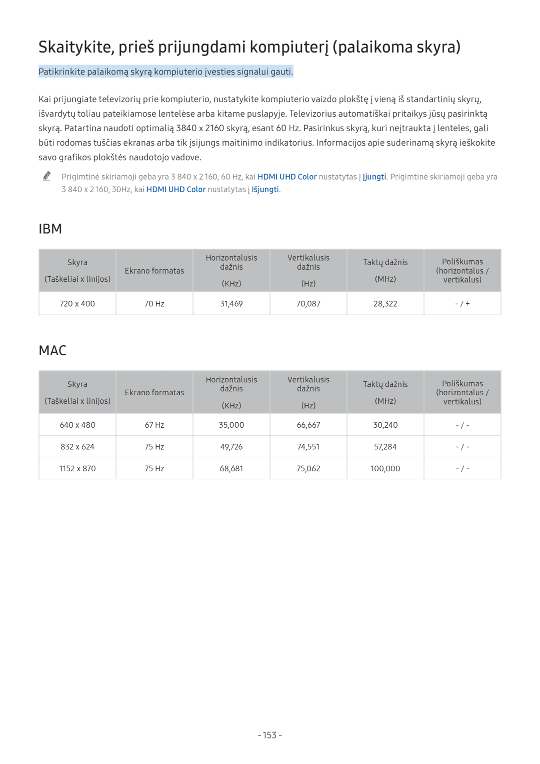 Samsung QE65Q9FNATXXH, QE65Q8CNATXXH, UE65NU7402UXXH manual Skaitykite, prieš prijungdami kompiuterį palaikoma skyra, 153 