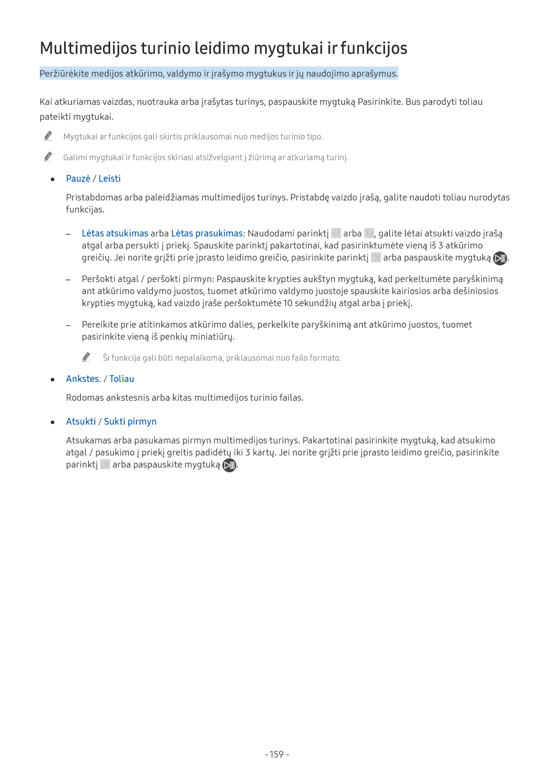 Samsung QE55Q9FNATXXH, QE65Q8CNATXXH manual Multimedijos turinio leidimo mygtukai ir funkcijos, Ankstes. / Toliau, 159 