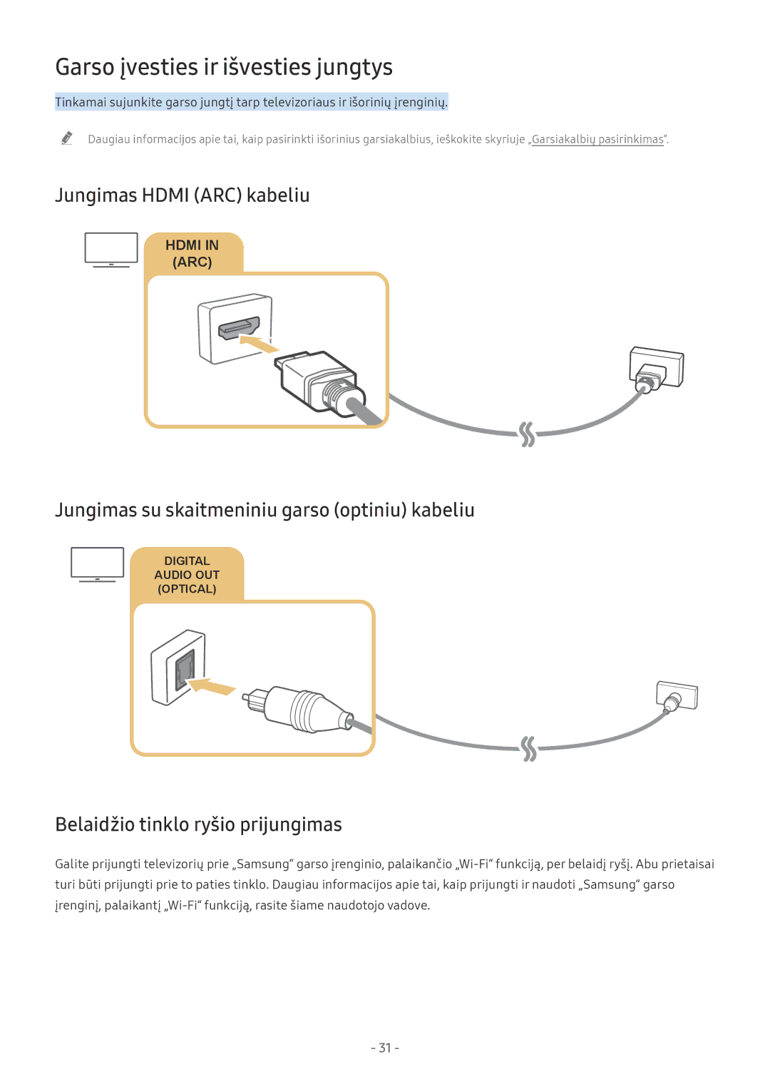 Samsung QE55Q7FNATXXH Garso įvesties ir išvesties jungtys, Jungimas Hdmi ARC kabeliu, Belaidžio tinklo ryšio prijungimas 