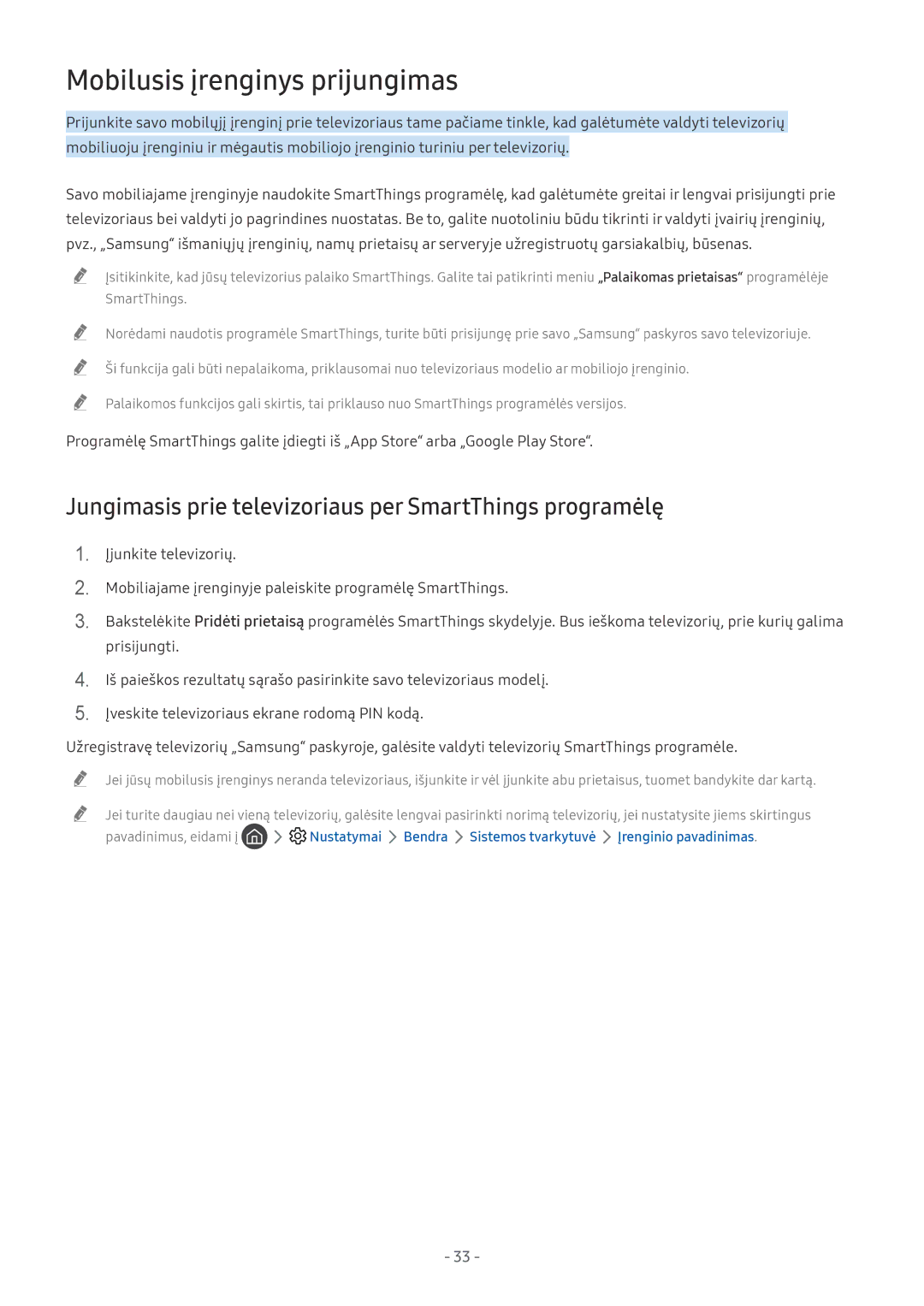 Samsung QE65Q9FNATXXH manual Mobilusis įrenginys prijungimas, Jungimasis prie televizoriaus per SmartThings programėlę 