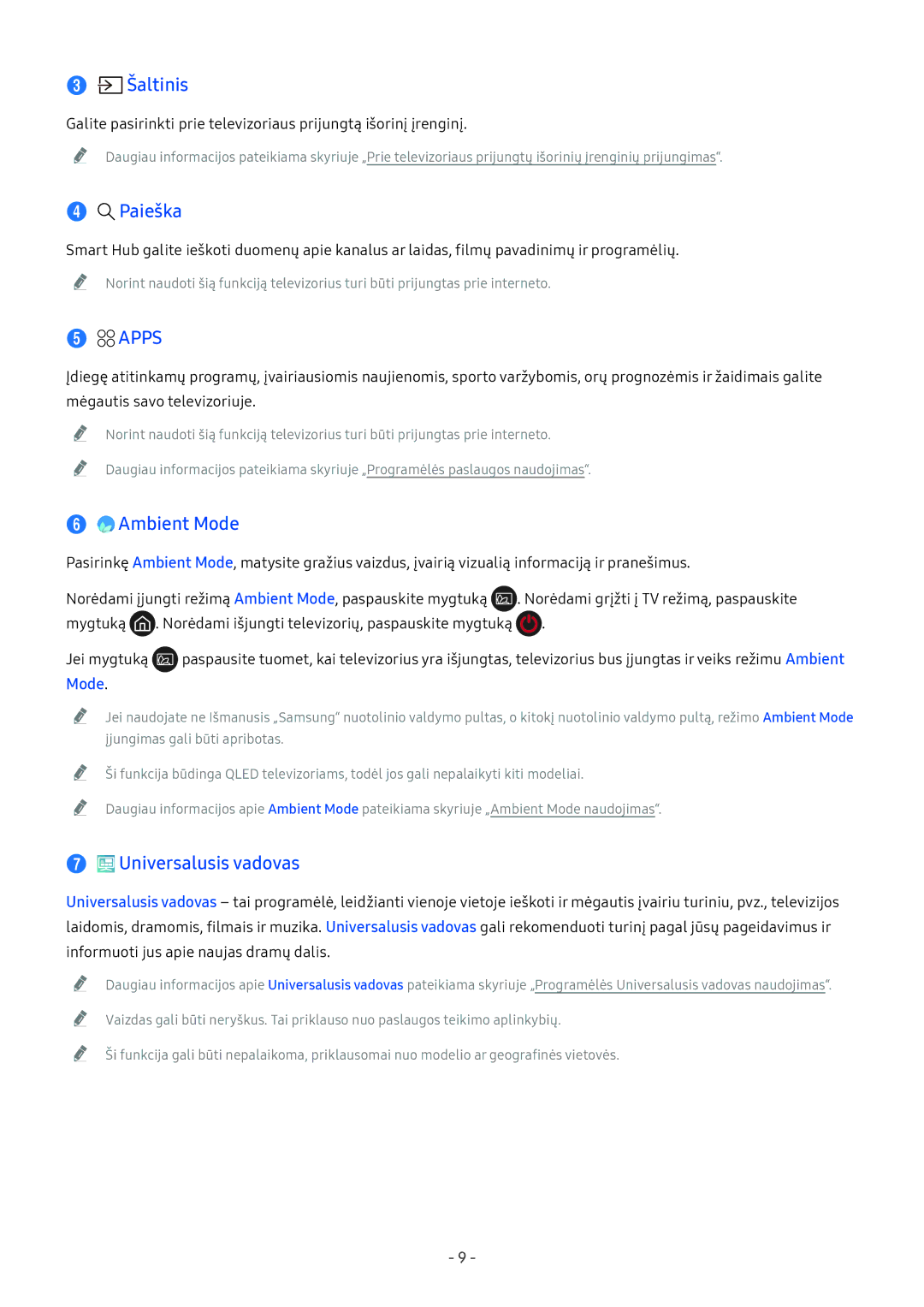 Samsung QE65Q9FNATXXH, QE65Q8CNATXXH, UE65NU7402UXXH manual Šaltinis, Paieška, Apps, Ambient Mode, Universalusis vadovas 