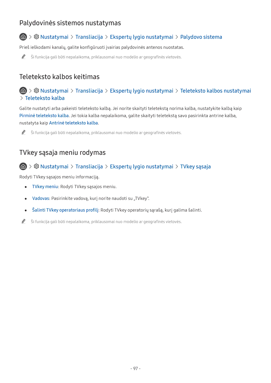 Samsung UE65NU7402UXXH manual Palydovinės sistemos nustatymas, Teleteksto kalbos keitimas, TVkey sąsaja meniu rodymas 