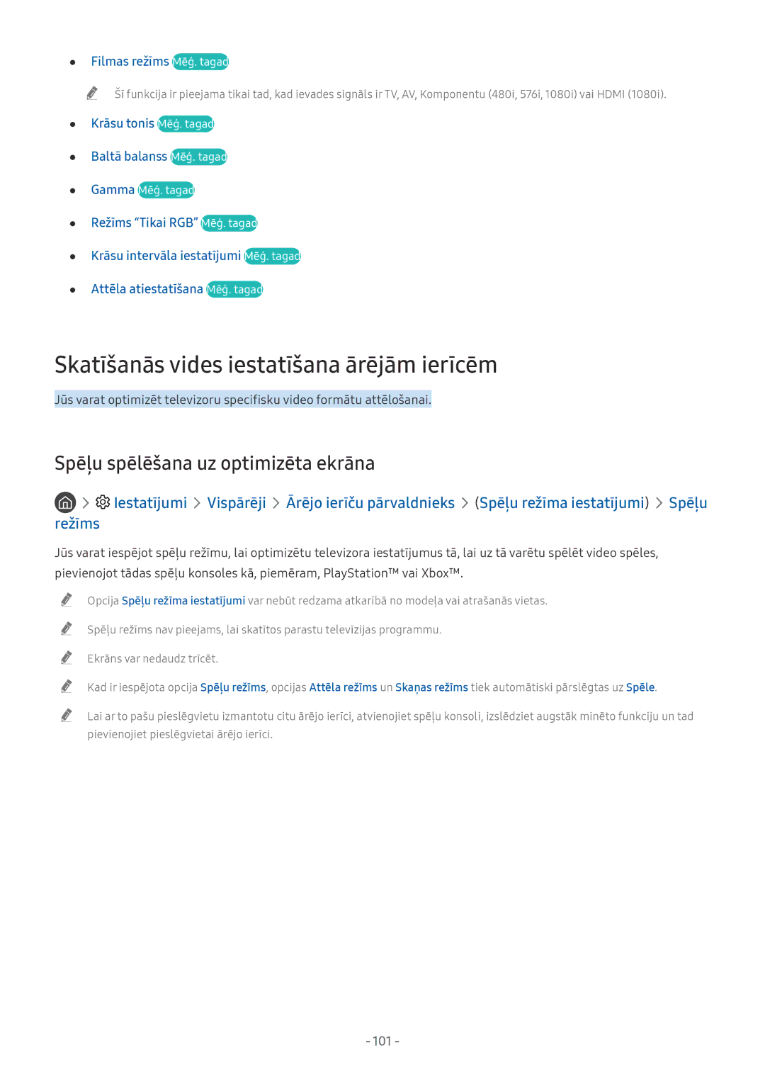 Samsung UE49NU8072TXXH manual Skatīšanās vides iestatīšana ārējām ierīcēm, Spēļu spēlēšana uz optimizēta ekrāna, 101 