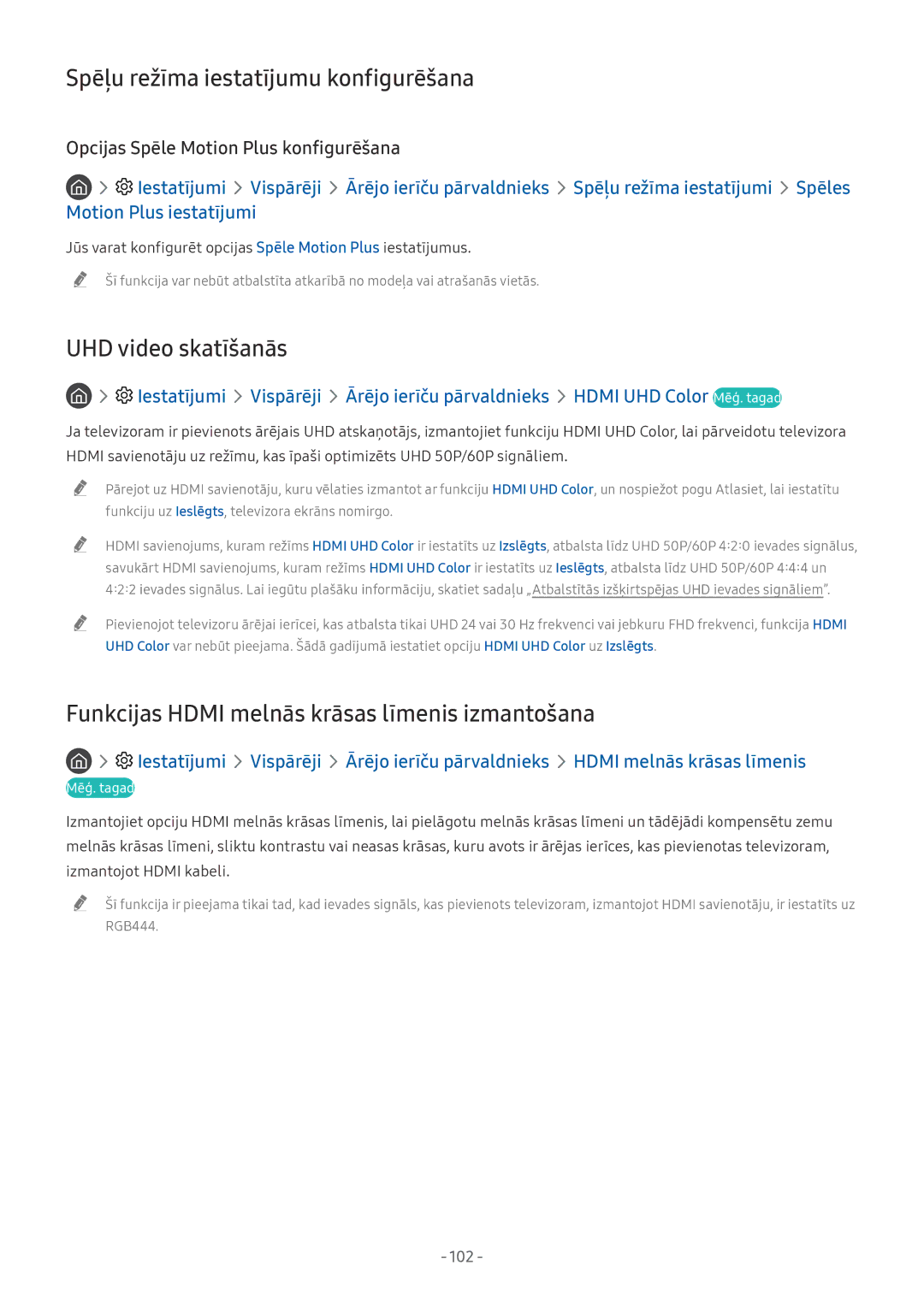 Samsung QE55Q8CNATXXH, QE65Q8CNATXXH, UE65NU7402UXXH manual Spēļu režīma iestatījumu konfigurēšana, UHD video skatīšanās, 102 