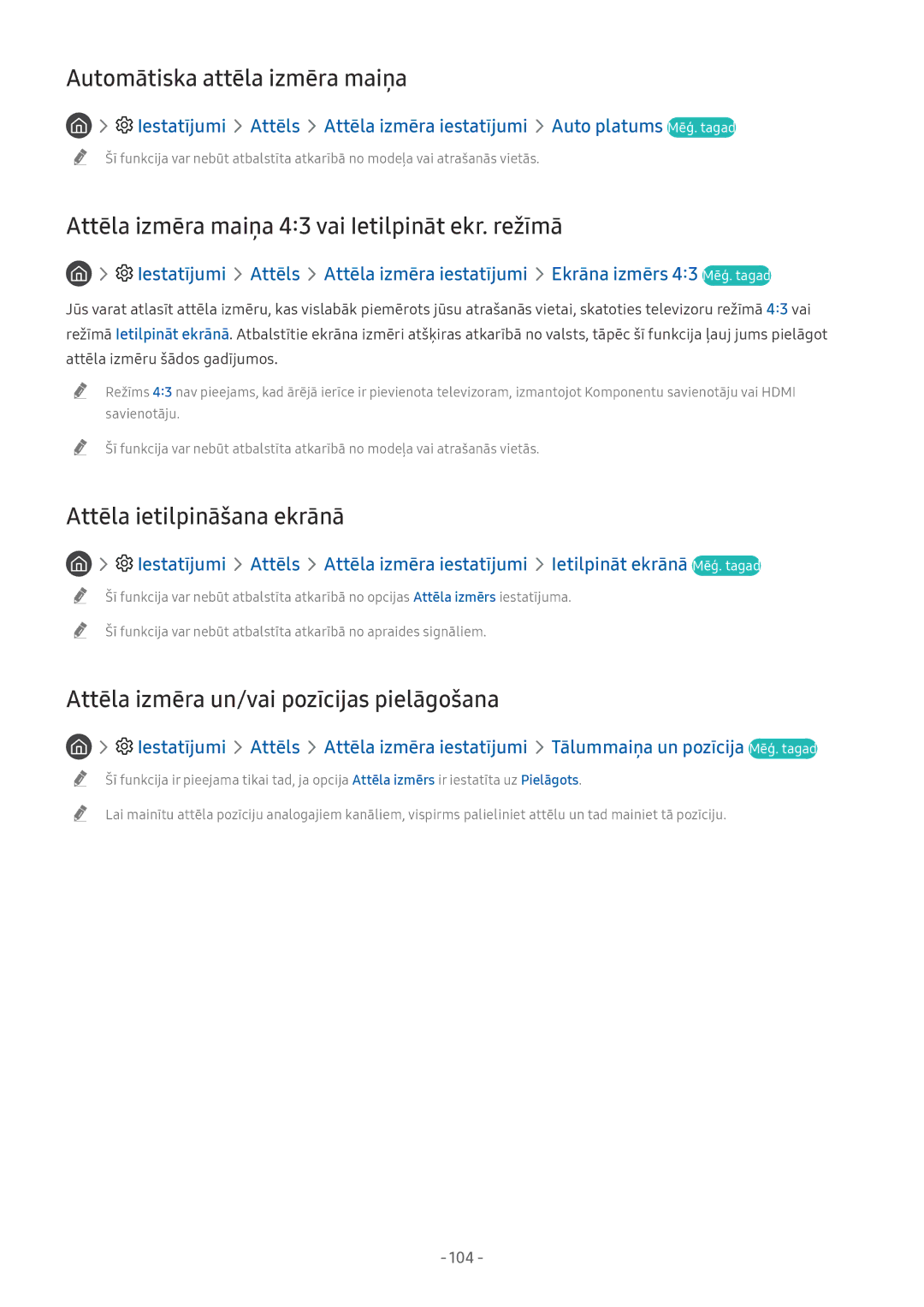 Samsung QE75Q9FNATXXH manual Automātiska attēla izmēra maiņa, Attēla izmēra maiņa 43 vai Ietilpināt ekr. režīmā, 104 