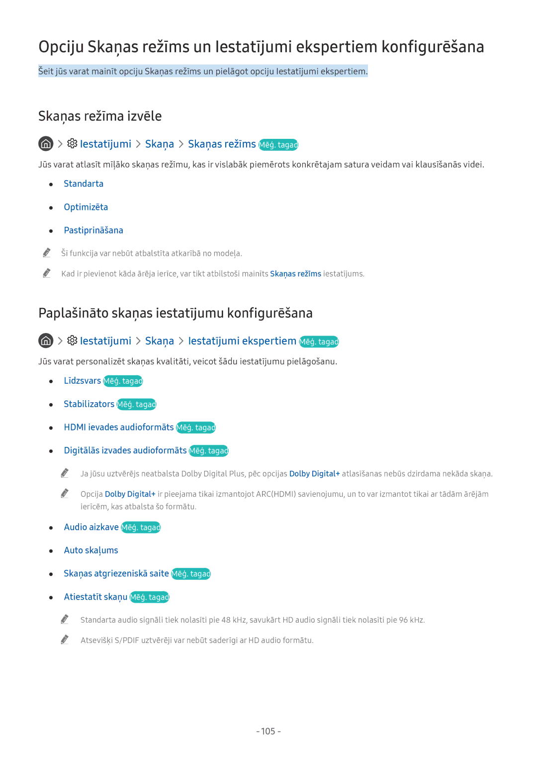 Samsung QE65Q9FNATXXH, QE65Q8CNATXXH, QE75Q7FNATXXH Skaņas režīma izvēle, Paplašināto skaņas iestatījumu konfigurēšana, 105 