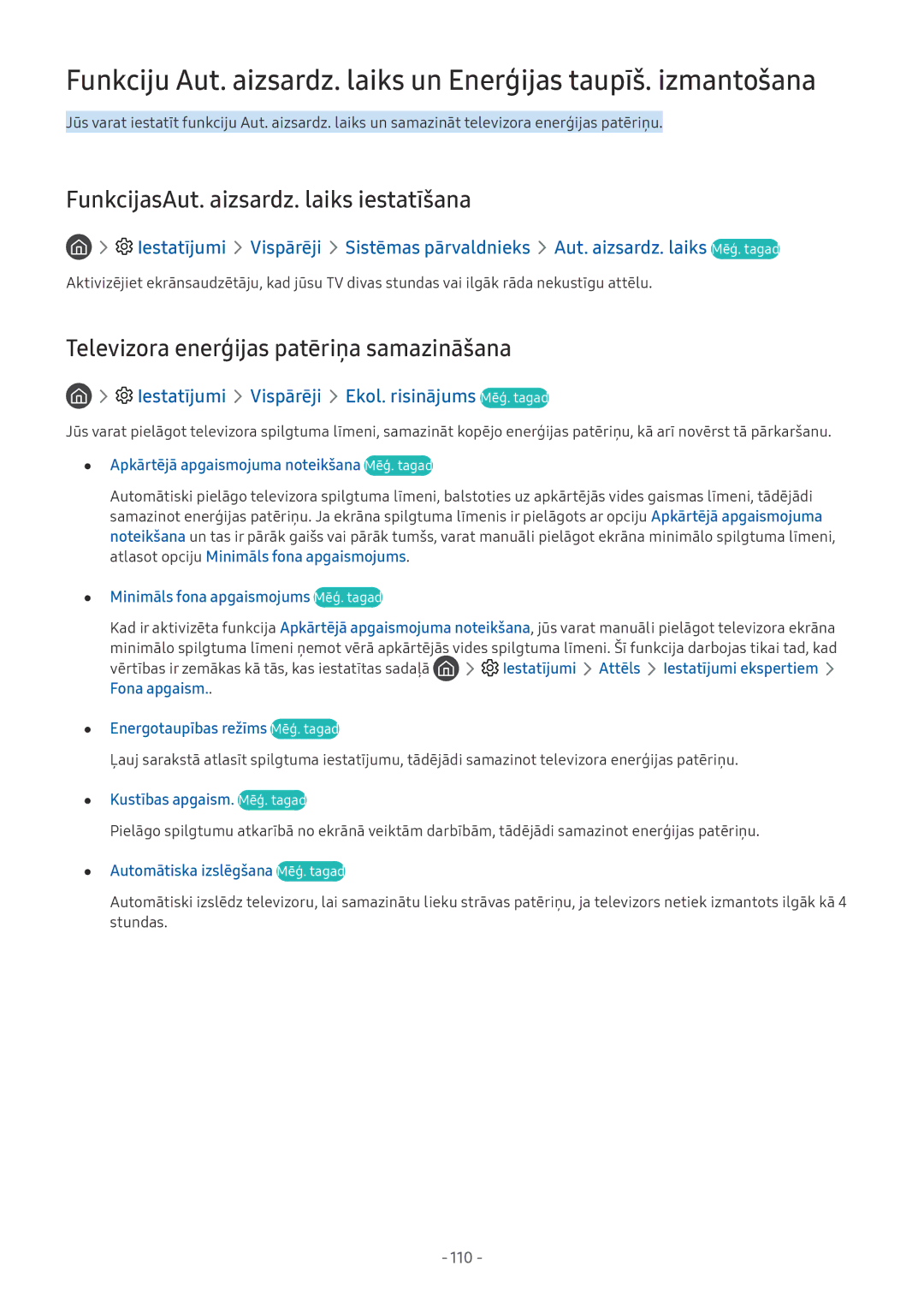 Samsung QE75Q7FNATXXH manual FunkcijasAut. aizsardz. laiks iestatīšana, Televizora enerģijas patēriņa samazināšana, 110 