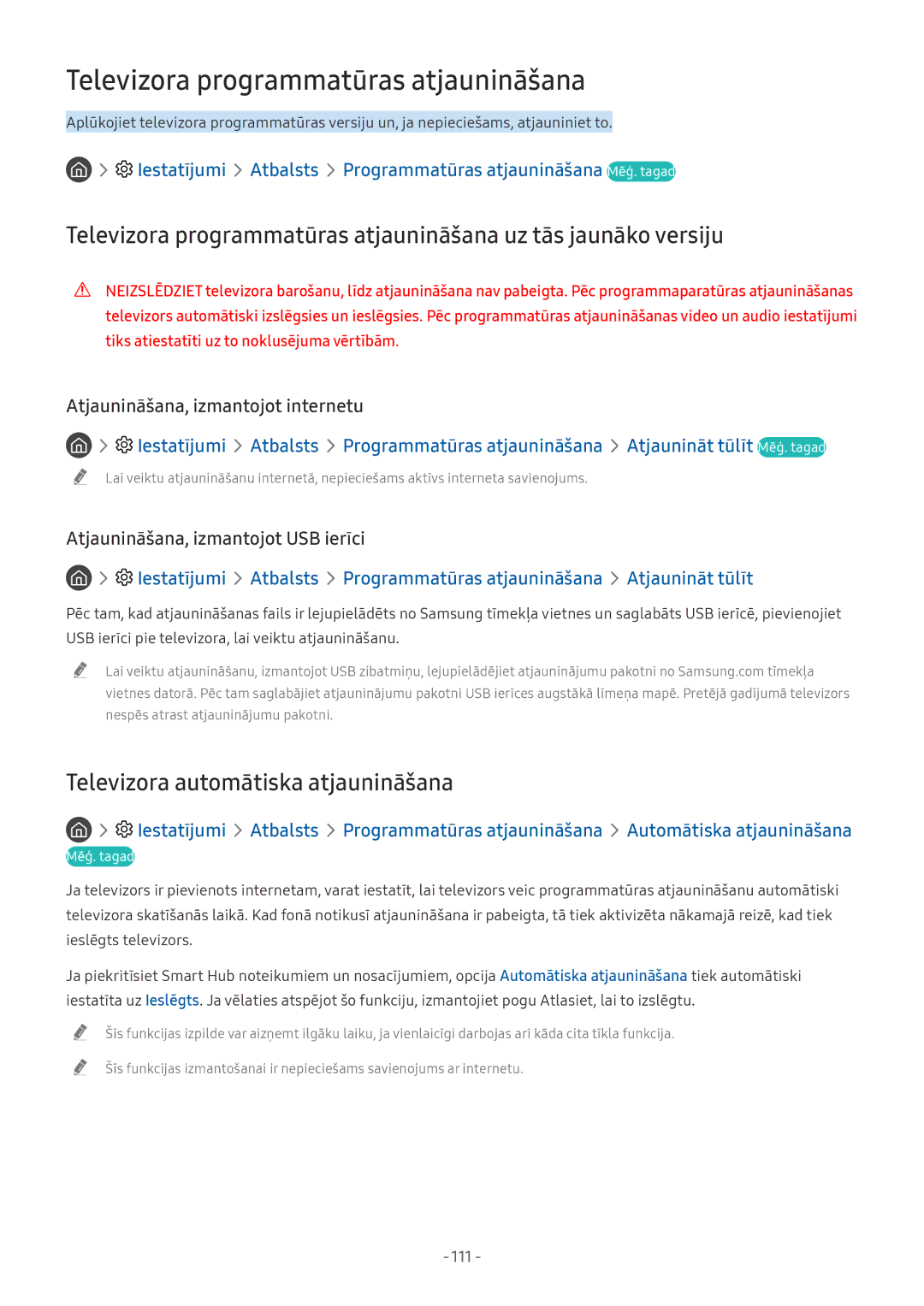 Samsung QE55Q9FNATXXH, QE65Q8CNATXXH, UE65NU7402UXXH, QE75Q7FNATXXH manual Televizora programmatūras atjaunināšana, 111 